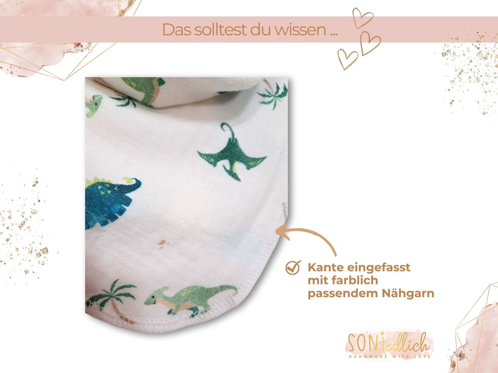 Musselintuch für Babys und Kinder "Dinosaurier" - Detailansicht Kantenversäuberung