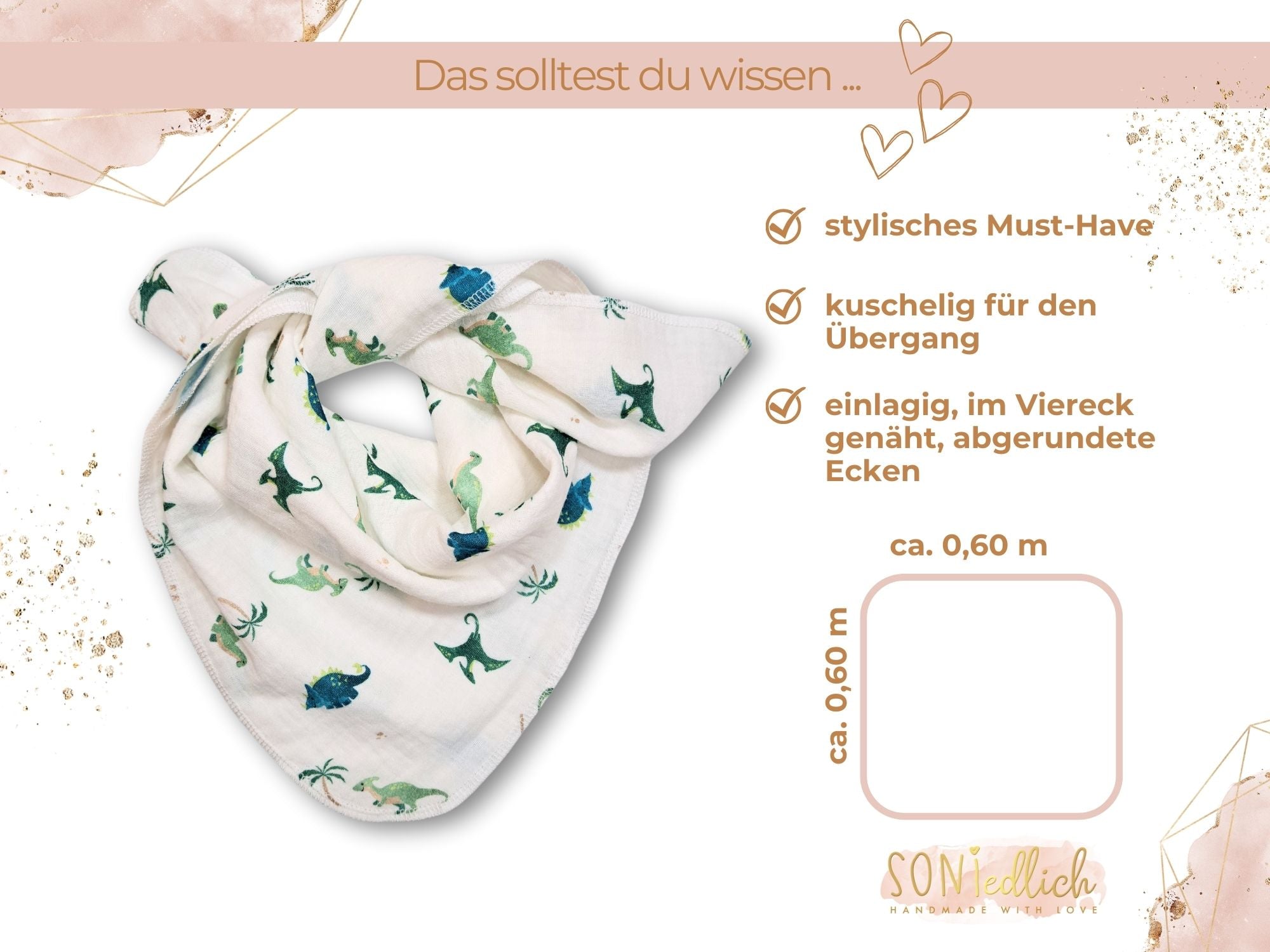 Musselintuch für Babys und Kinder "Dinosaurier" - Details zur Größe des Tuchs