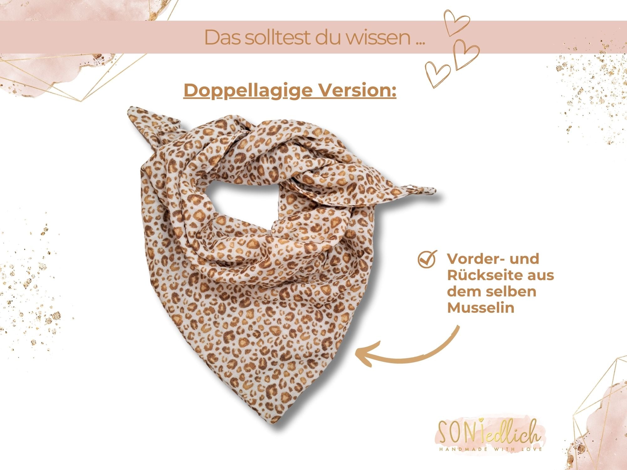 Musselintuch für Kinder in weiß mit Leo-Print.  Darstellung der doppellagigen Version in der Vorder- und Rückseite aus dem selben Stoff bestehen.