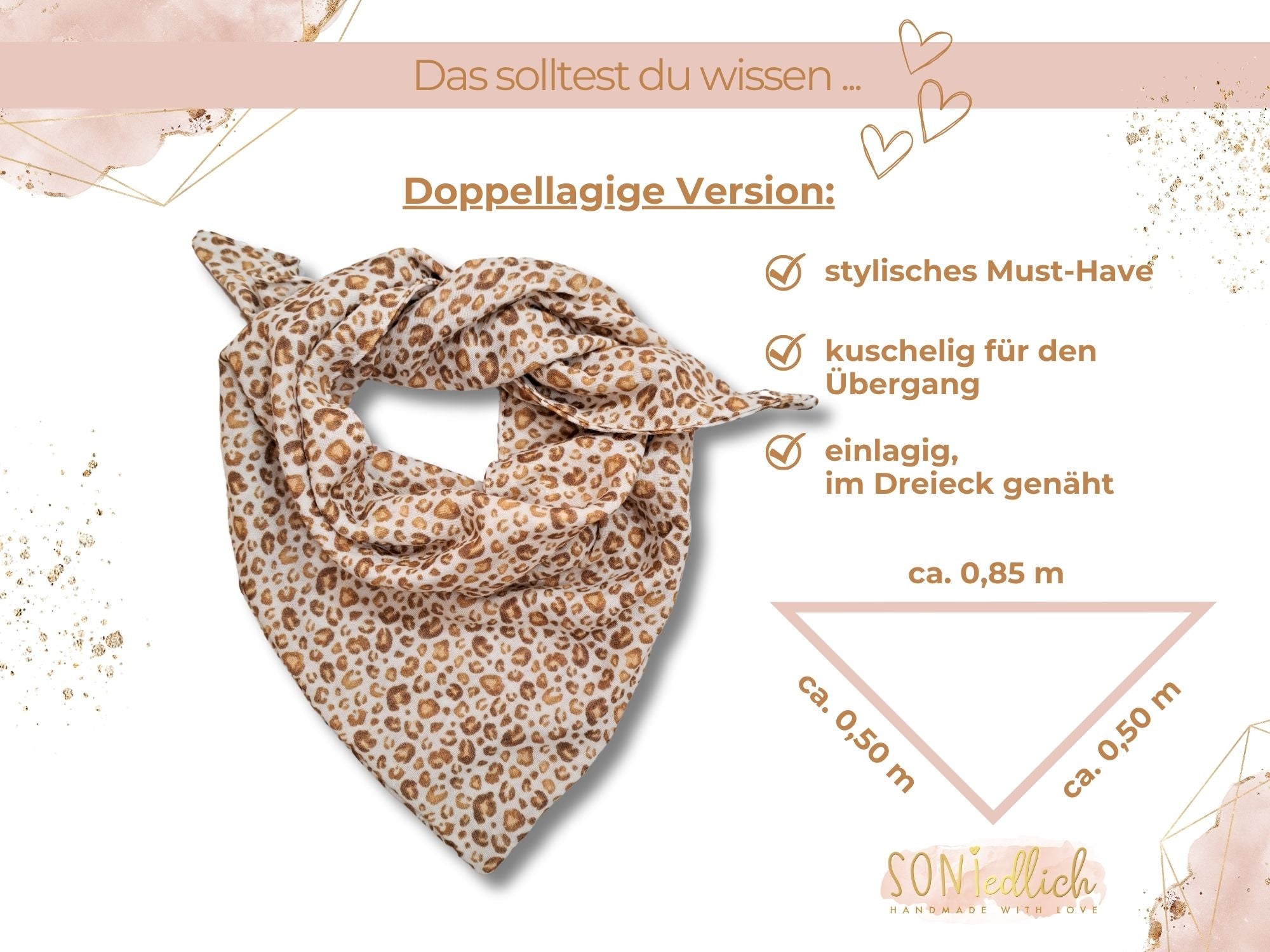 Musselintuch für Kinder in weiß mit Leo-Print. Darstellung der doppellagigen Version mit den Maßen.