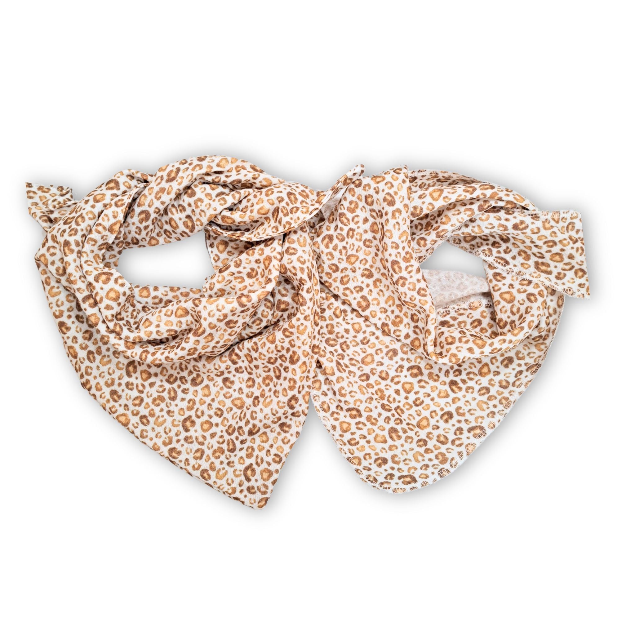 Musselintuch für Kinder in weiß mit Leo-Print. Darstellung der beiden Varianten.
