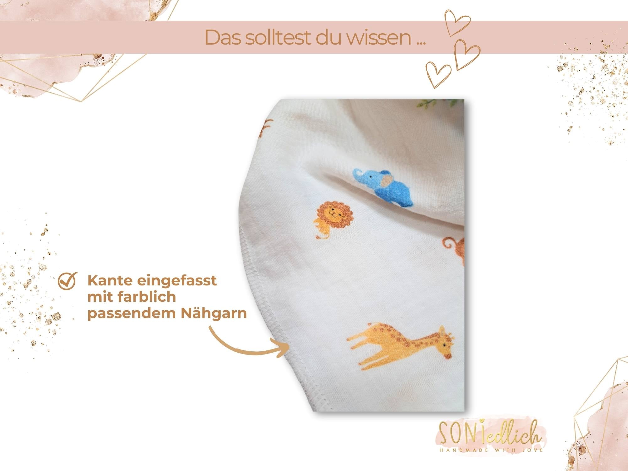 Musselintuch für Babys und Kinder "Safaritiere" - Detailansicht Kantenversäuberung