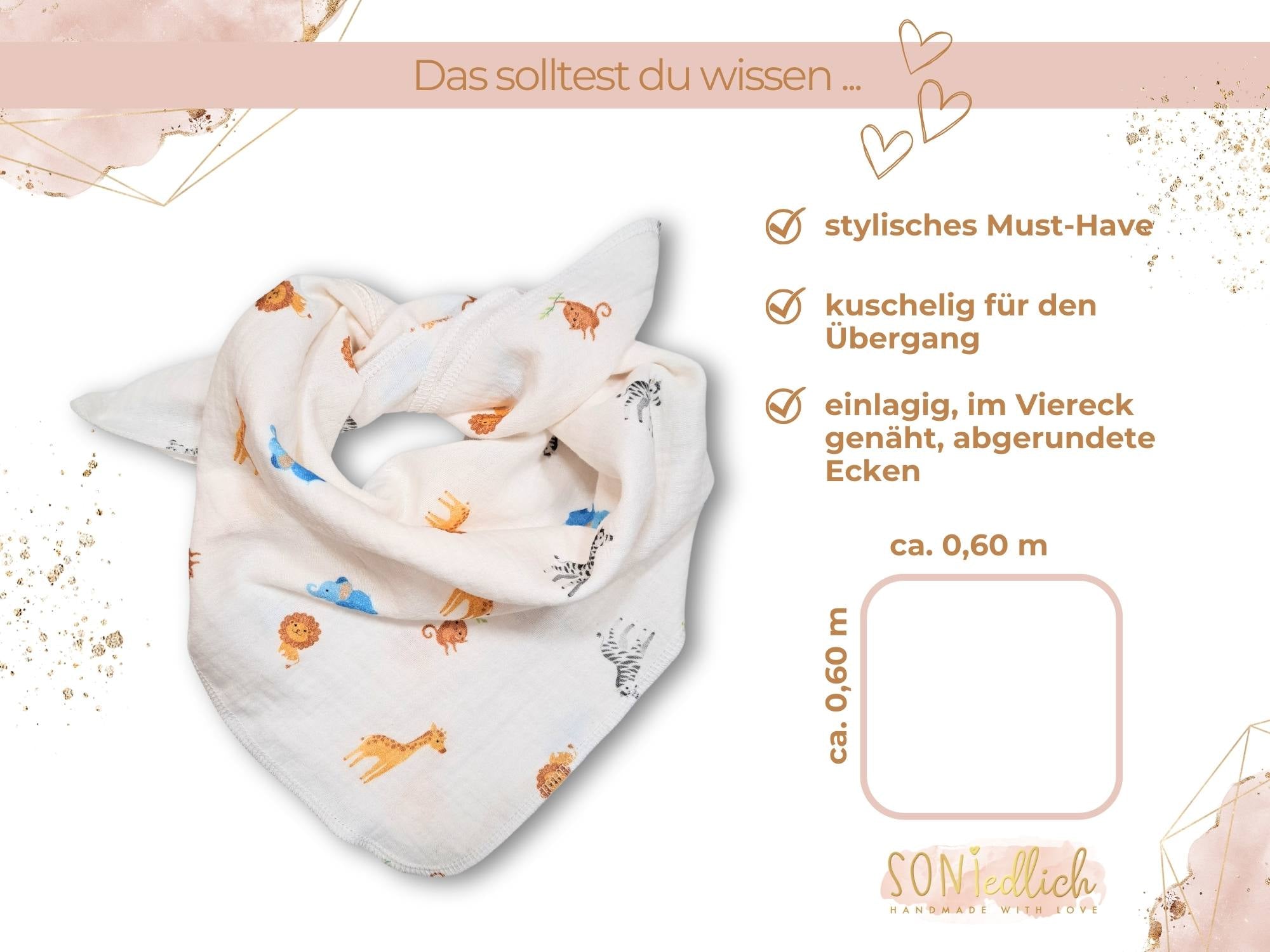 Musselintuch für Babys und Kinder "Safaritiere" - Details hinsichtlich Größe