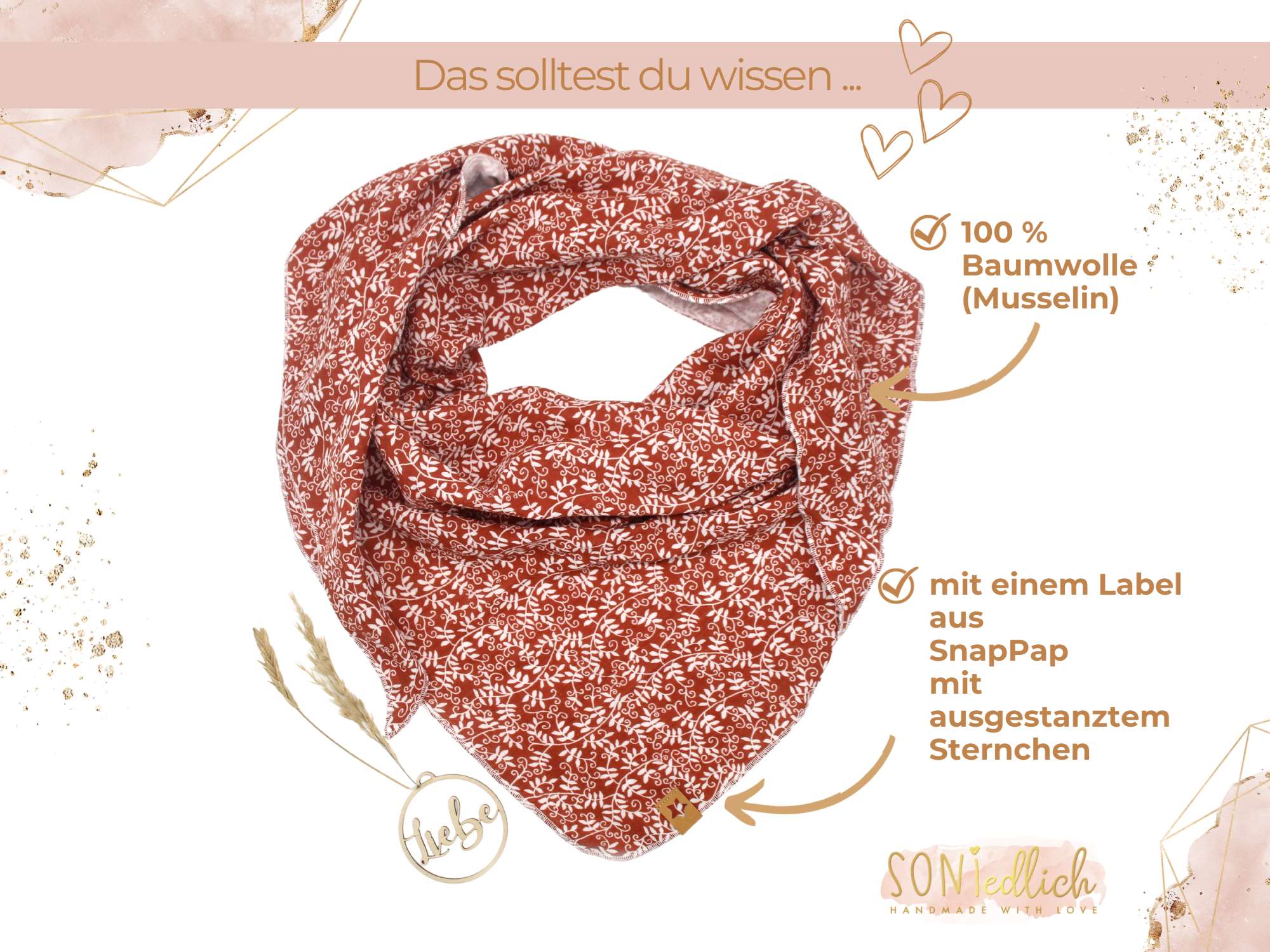 Musselintuch XXL für Erwachsene „Blätter, kupfer“ Beschreibung