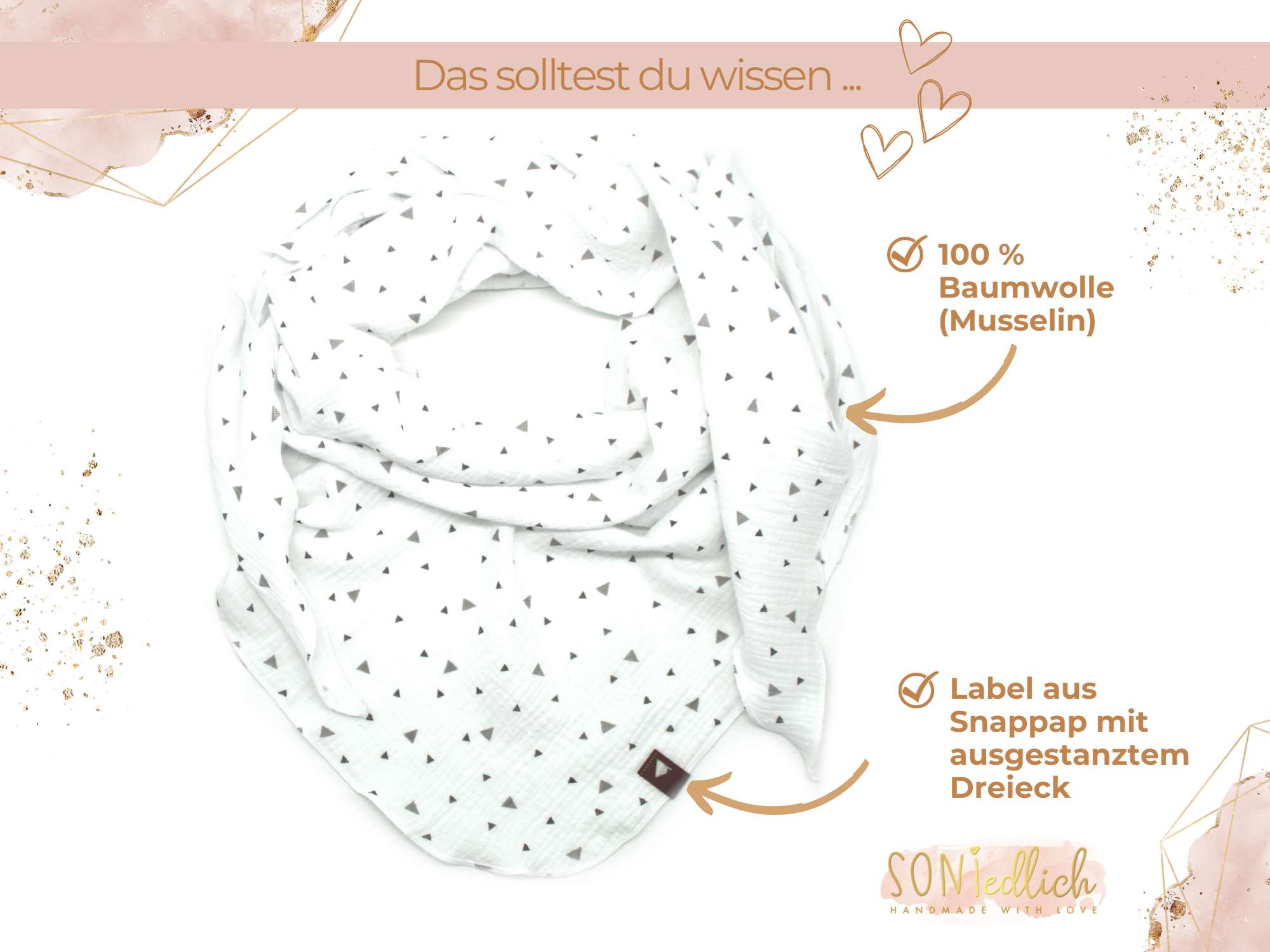 Musselintuch XXL für Erwachsene „Dreiecke, weiß“ Beschreibung