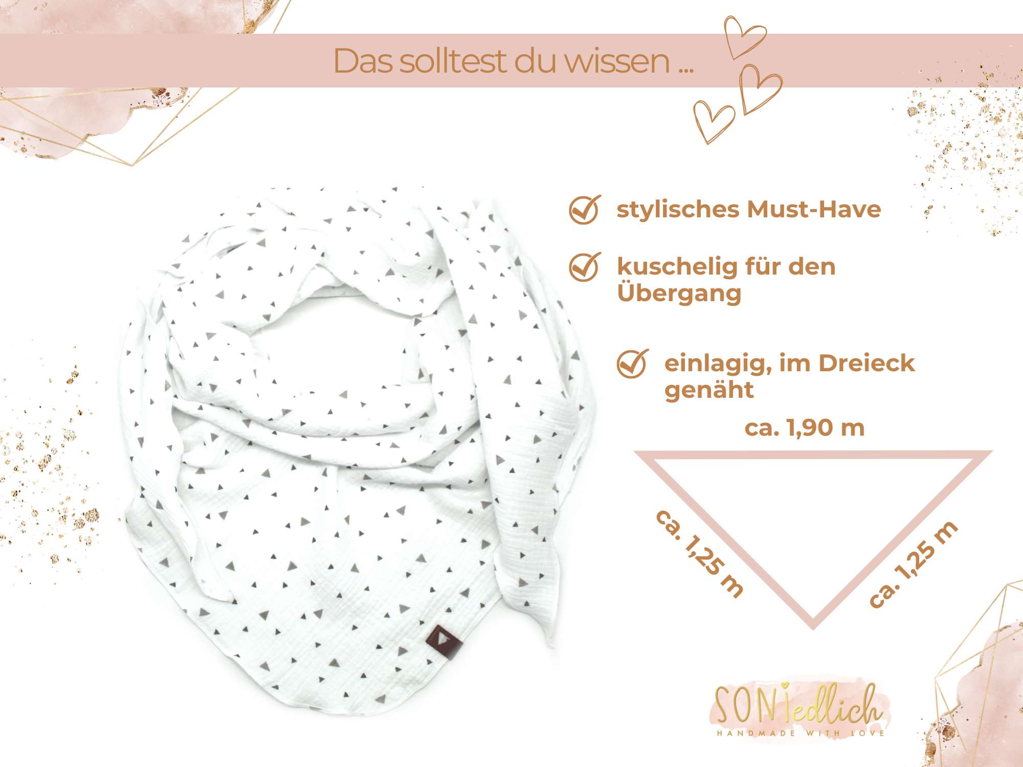 Musselintuch XXL für Erwachsene „Dreiecke, weiß“ Maße