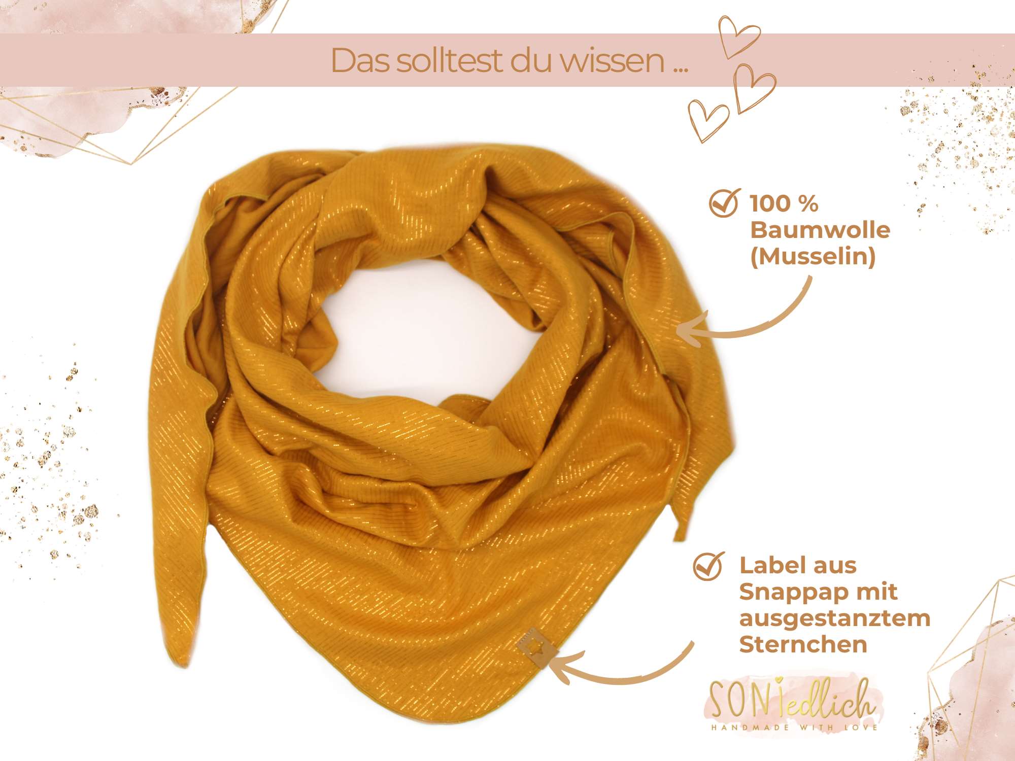 XXL-Tuch aus Musselin "Glitzerstreifen", in der Farbe honig, Darstellung des Materials aus 100 % Baumwolle und Darstellung des Labels aus braunem SnapPap mit ausgestanztem Stern.