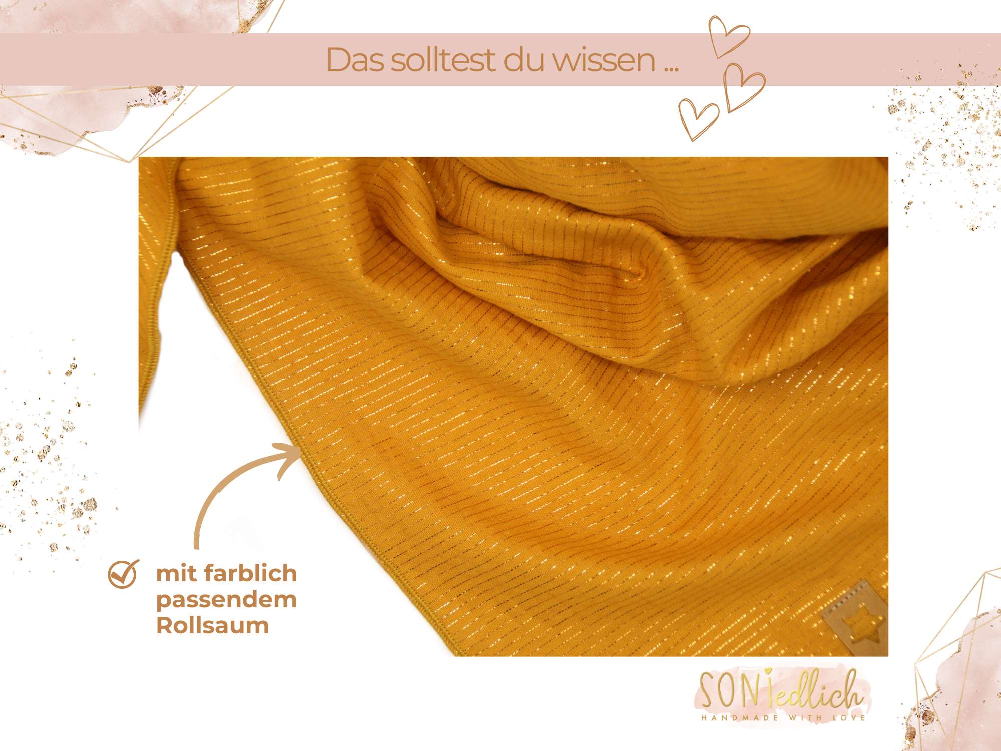 XXL-Tuch aus Musselin "Glitzerstreifen", in der Farbe honig, Vergrößerung des Rollsaumes in honig.