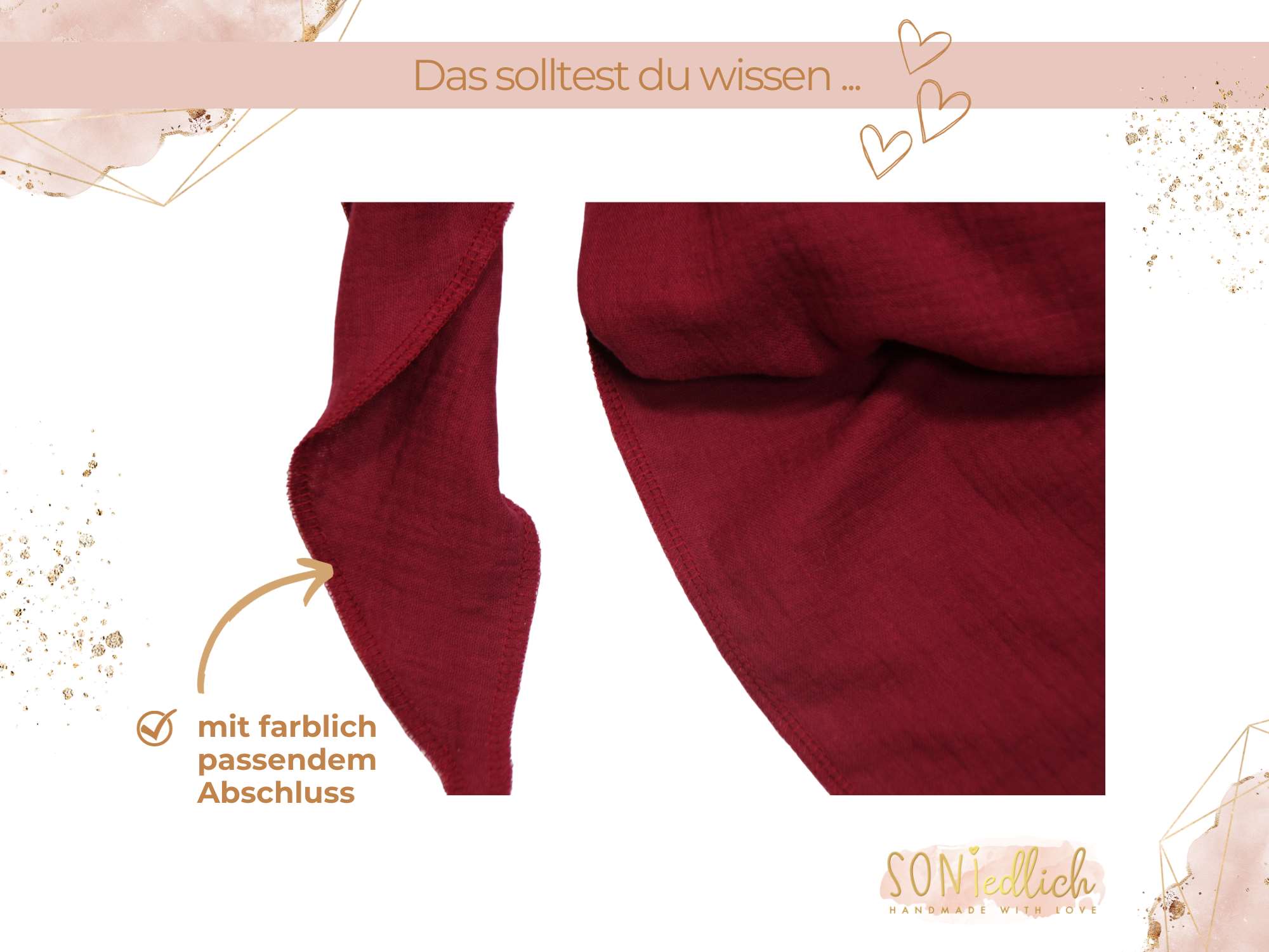 XXL-Tuch aus Musselin in cherry, Darstellung des Saums an den Stoffkanten aus Nähgarn in der Farbe cherry.