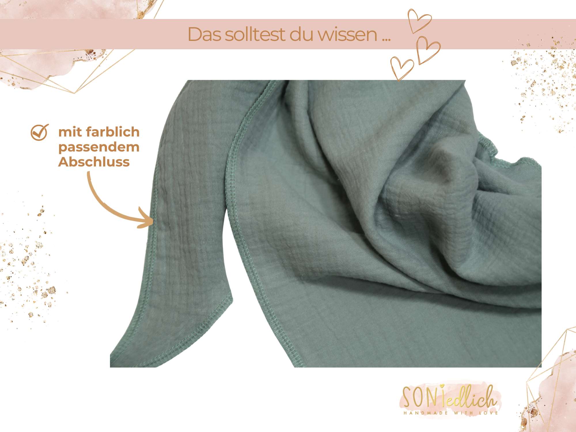 XXL-Tuch aus Musselin in altgrün, Vergrößerung der Stoffversäuberung an den Kanten mit mintfarbenem Nähgarn.