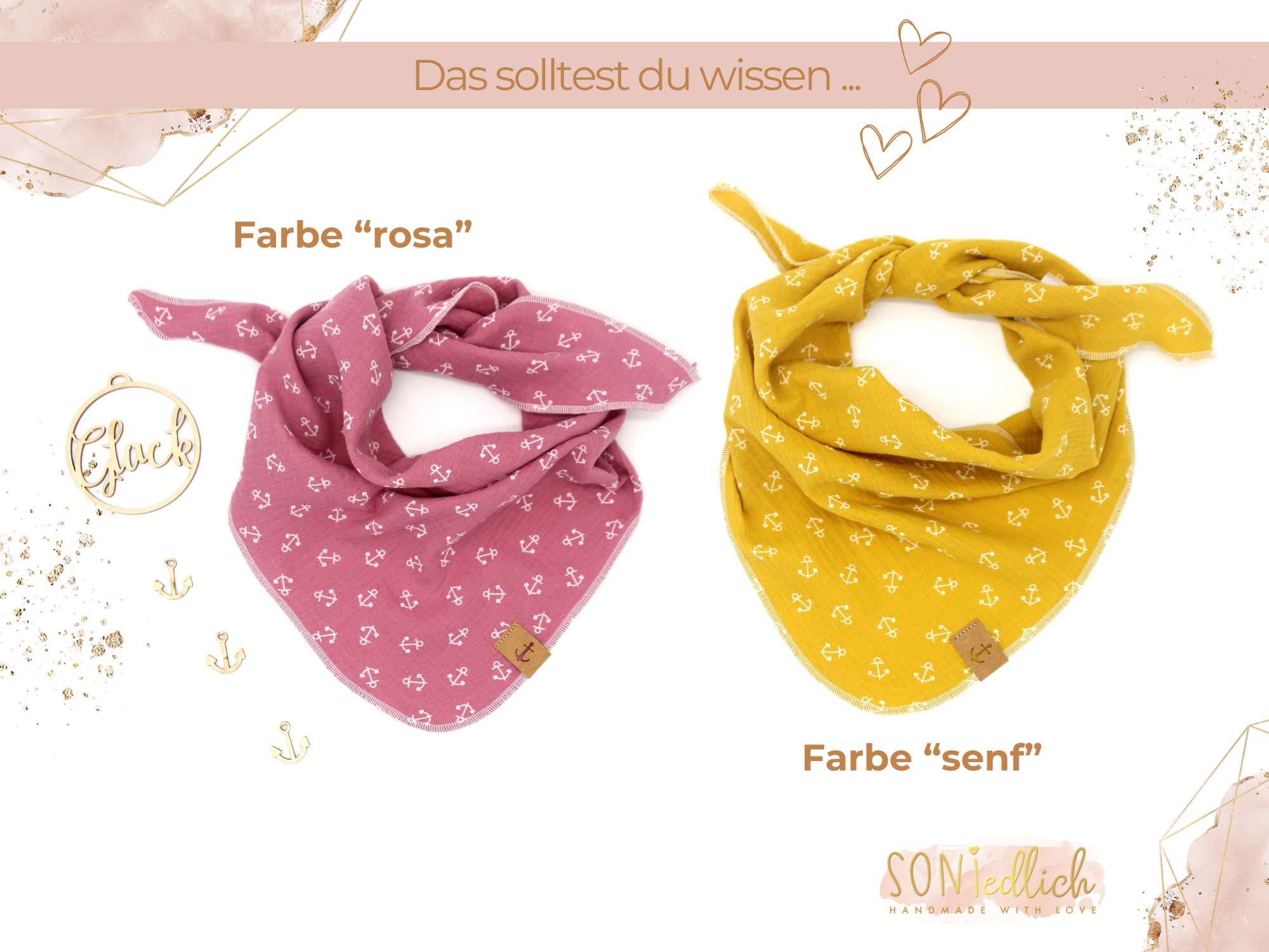 Musselintuch für Kinder "Anker" Farbe rosa und senf