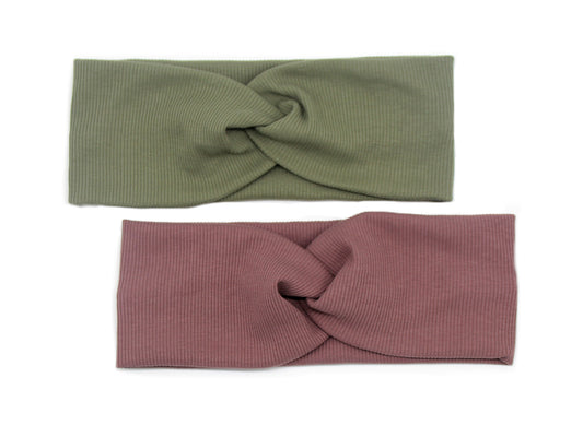 Knotenhaarband aus Rib-Jersey für Babys, Kinder und Erwachsene. Hier in den Farben olive und mauve.