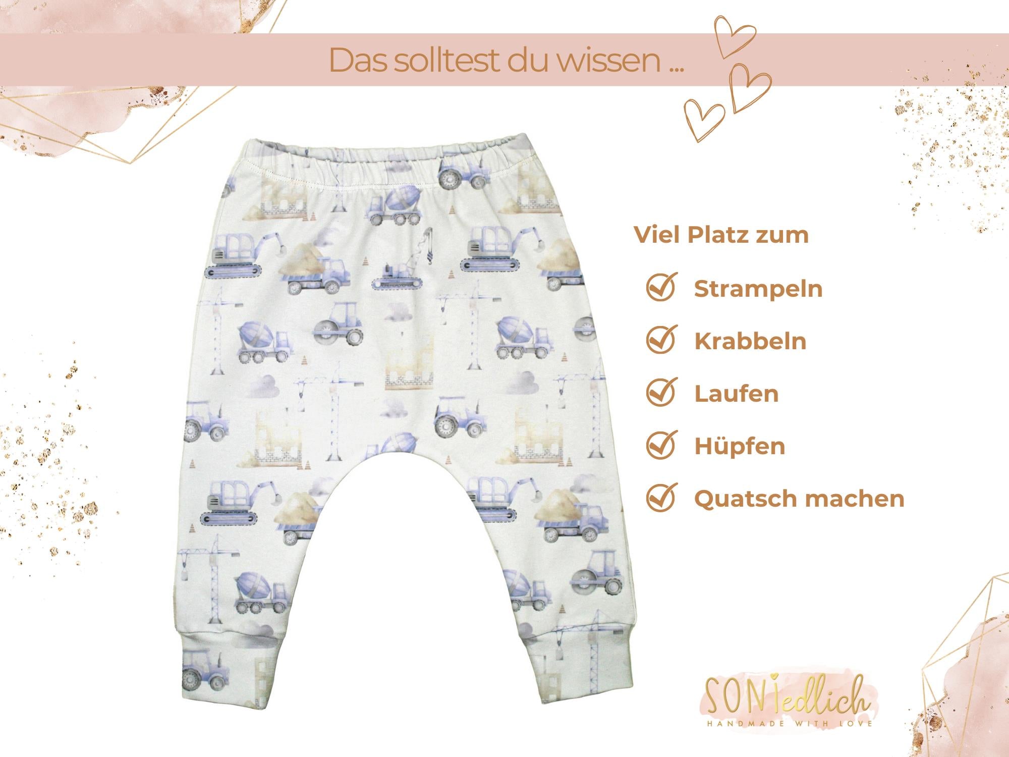 Slim Harem Pants für Babys und Kinder „Baustelle pastell“ Beschreibung 1