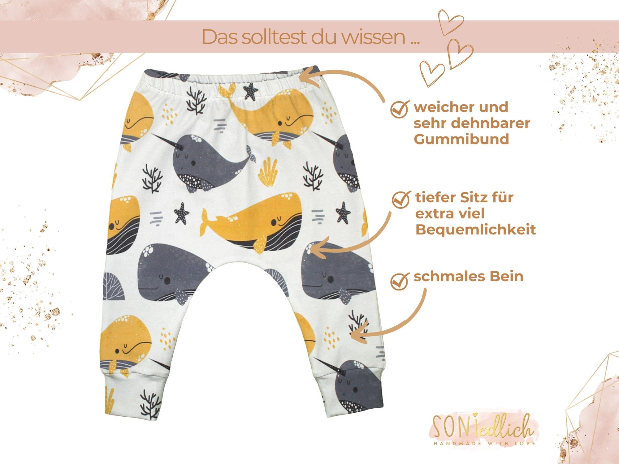 Slim Harem Pants für Babys und Kinder „Wale senf“ Merkmale