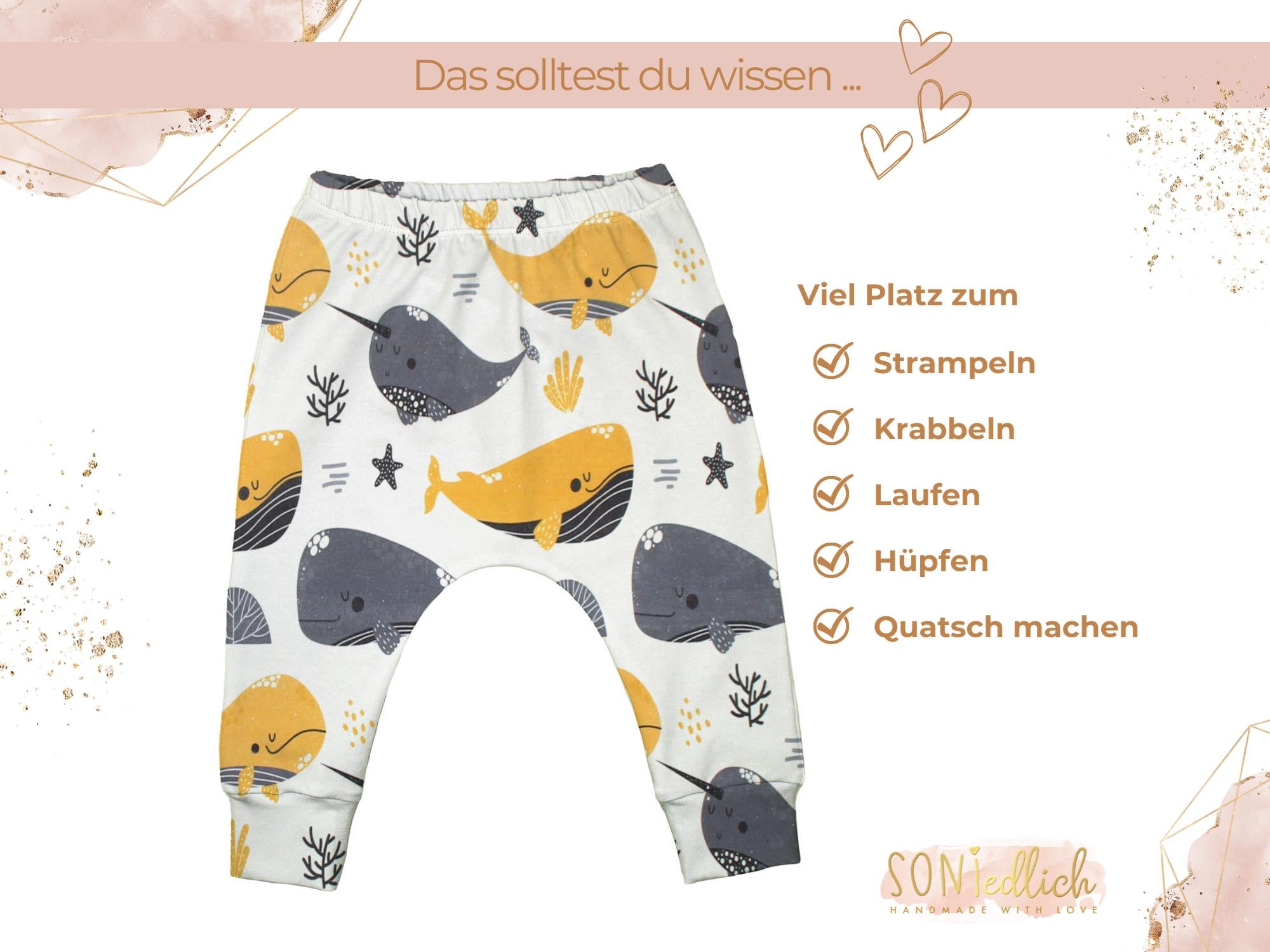 Slim Harem Pants für Babys und Kinder „Wale senf“ Beschreibung 1