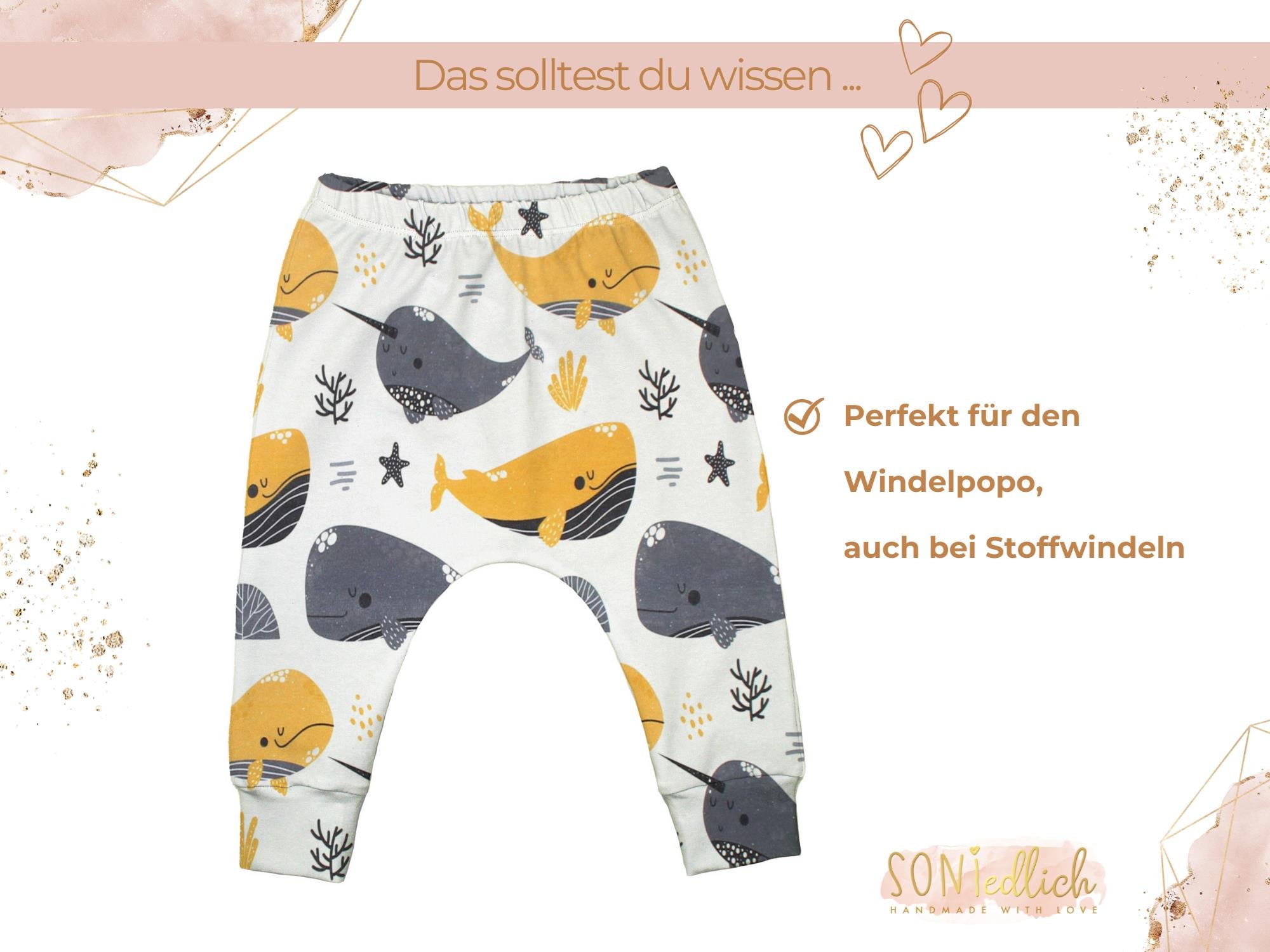 Slim Harem Pants für Babys und Kinder „Wale senf“ Beschreibung 2