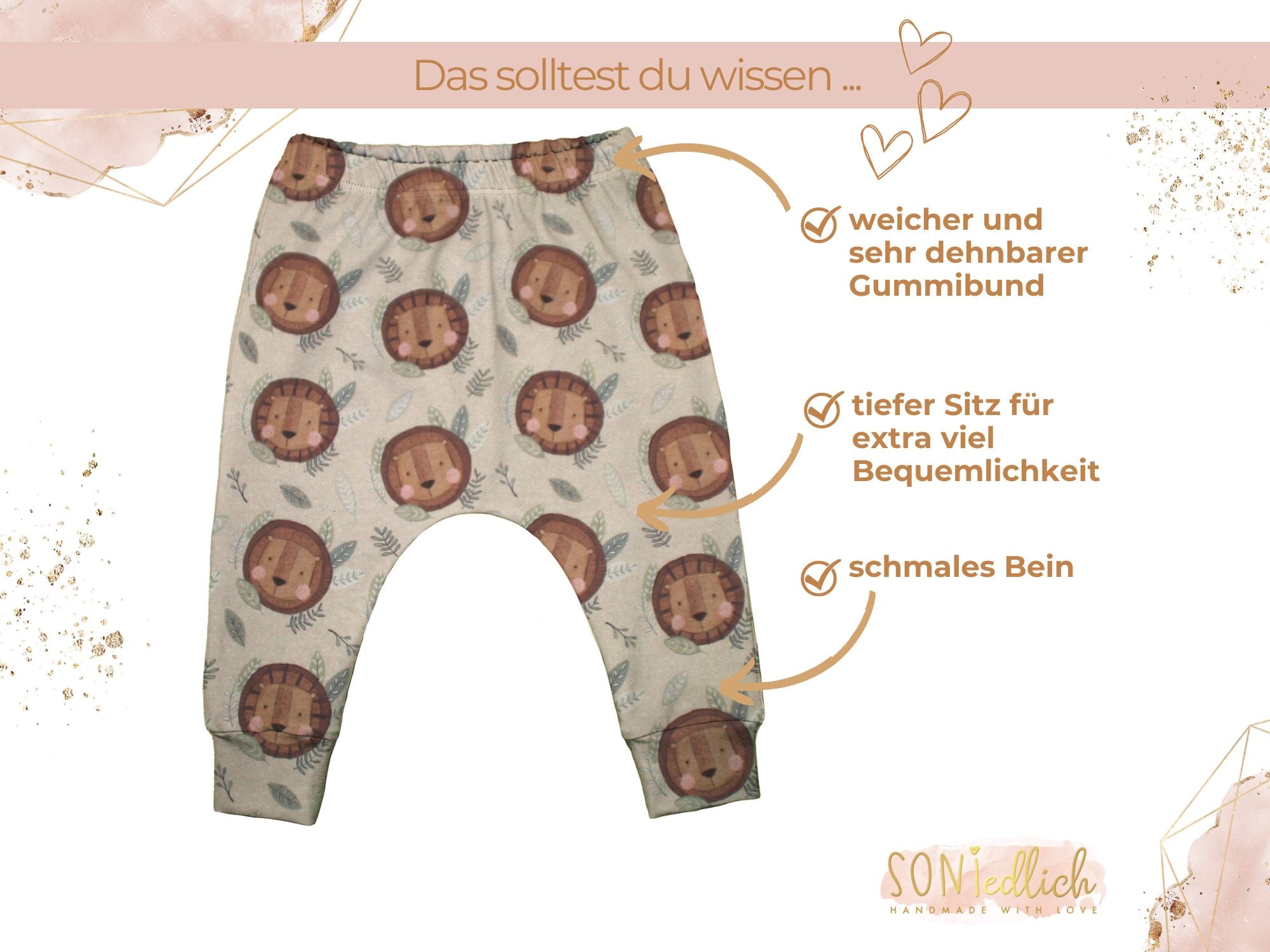 Slim Harem Pants "Löwe" für Babys und Kinder. Sehr weicher und dehnbarer Gummibund, tiefer Sitz für extra viel Bequemlichkeit und schmales Bein.