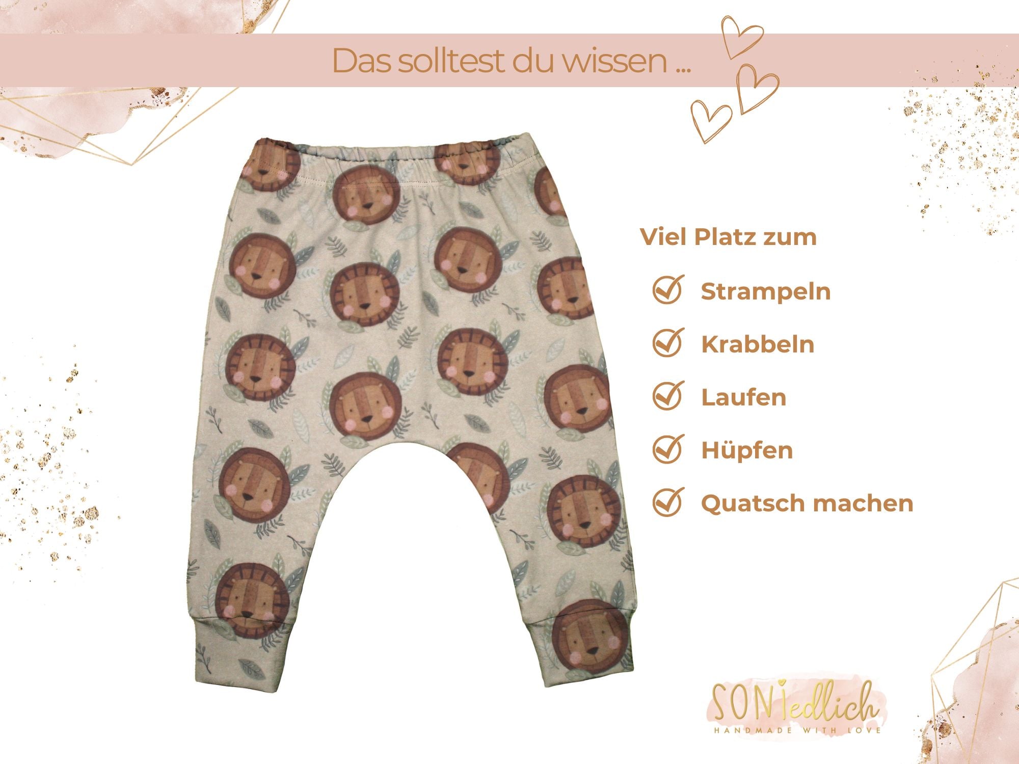 Slim Harem Pants "Löwe" für Babys und Kinder, viel Platz zum Strampeln, Krabbeln, Laufen, Hüpfen und Quatsch machen