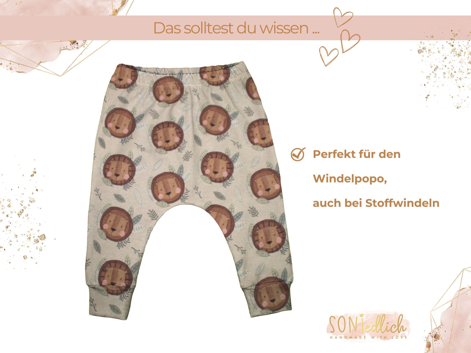 Slim Harem Pants "Löwe" für Babys und Kinder, perfekt für die Windelpopo, auch bei Stoffwindeln.