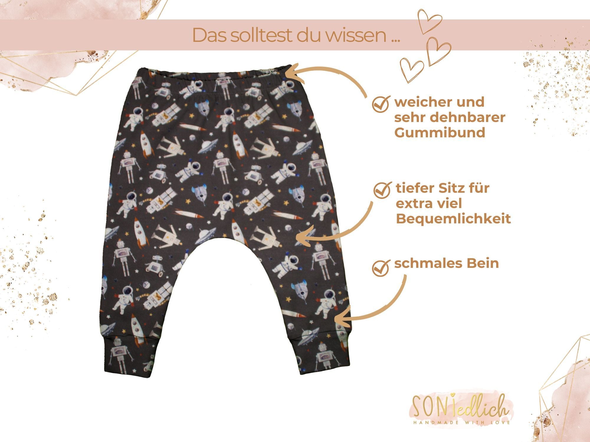 Slim Harem Pants "Weltall" für Babys und Kinder mit weichem und dehnbaren  Gummibund. Der Sitz ist tief und bietet extra viel Bequemlichkeit. Die Hose hat schmale Beine.