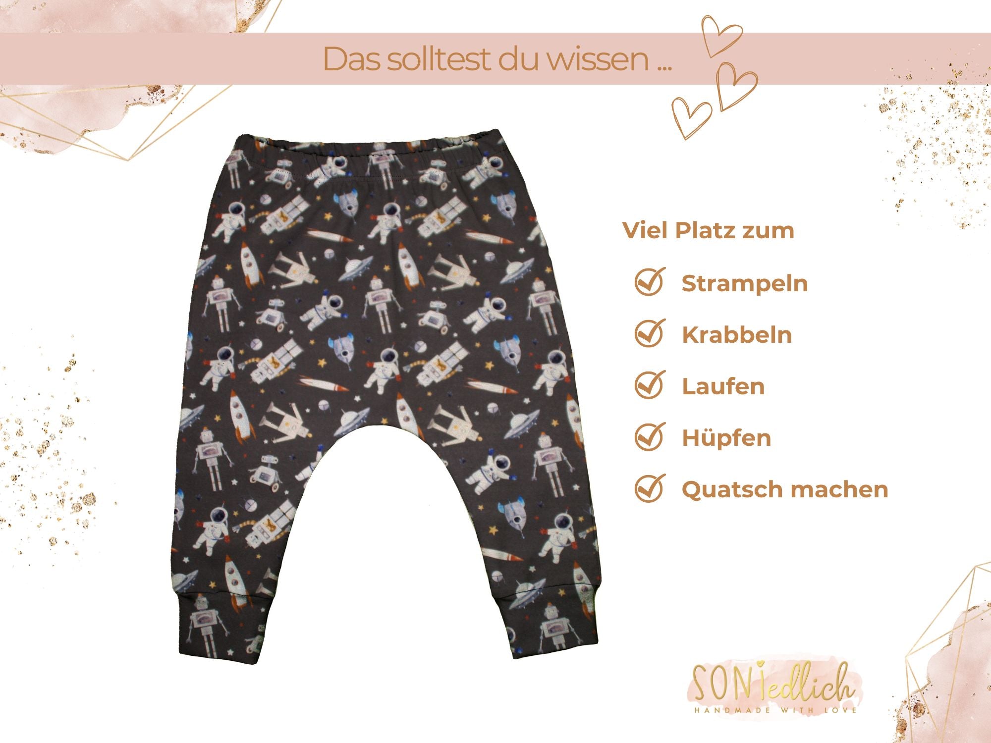 Slim Harem Pants "Weltall" für Babys und Kinder. Die Hose bietet viel Platz zum Strampeln, Krabbeln, Laufen, Hüpfen und Quatsch machen.