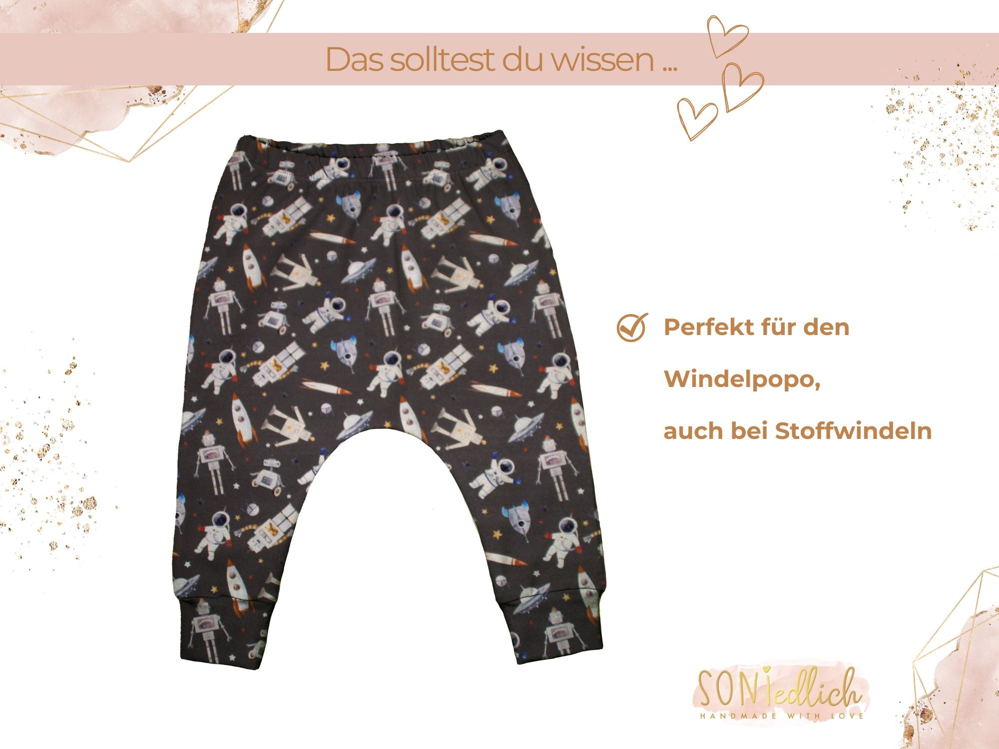 Slim Harem Pants "Weltall" für Babys und Kinder, perfekt für den Windelpopo geeignet, auch bei Stoffwindeln.