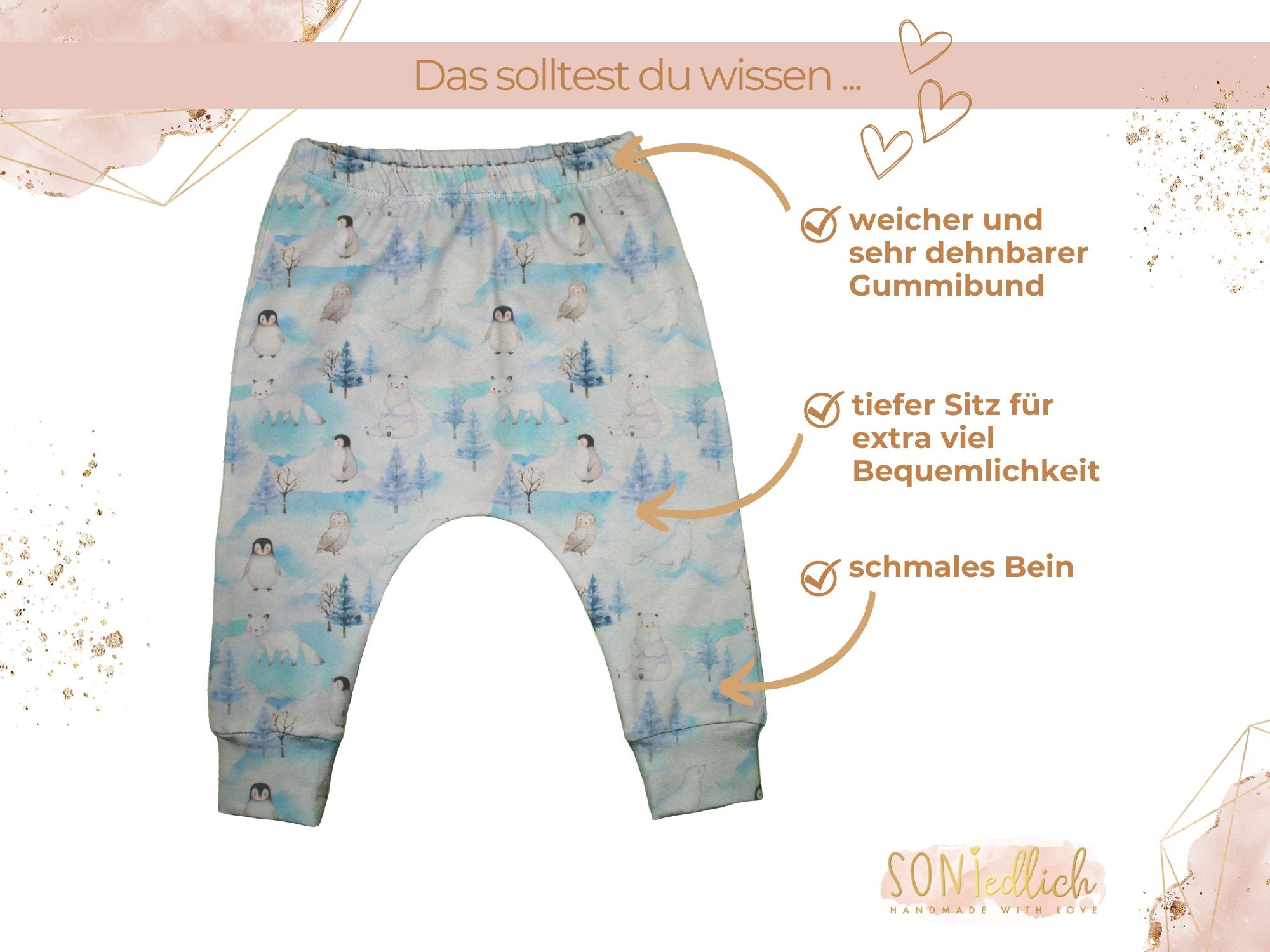 Slim Harem Pants "Wintertiere" für Babys und Kinder. Der Gummibund ist weich und dehnbar. Der Sitz der Kinderhose ist tief und das Bein ist schmal zugeschnitten.