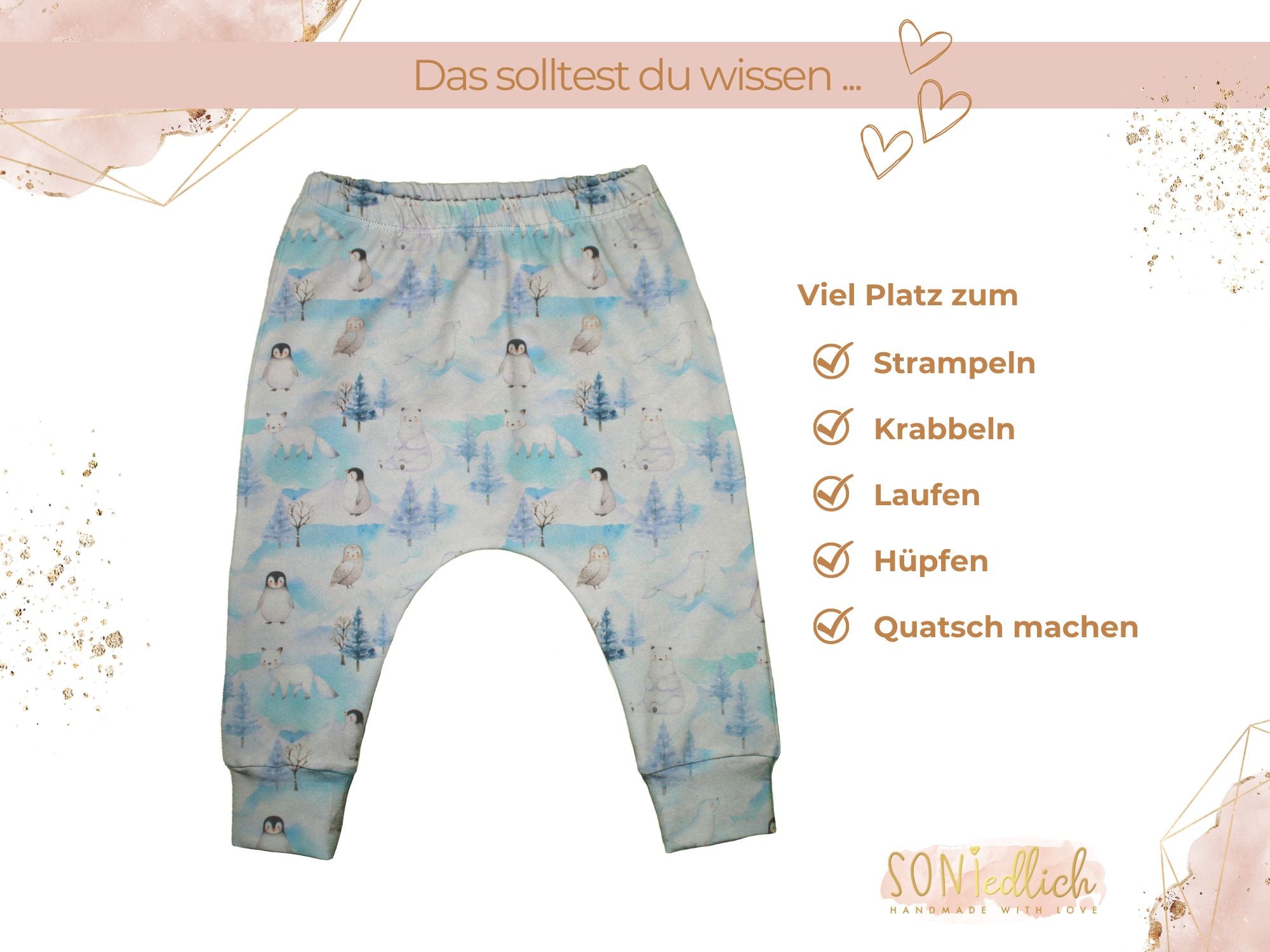 Slim Harem Pants "Wintertiere" für Babys und Kinder. Die Hose hat viel Platz zum Strampeln, Krabbeln, Laufen, Hüpfen und Quatsch machen.