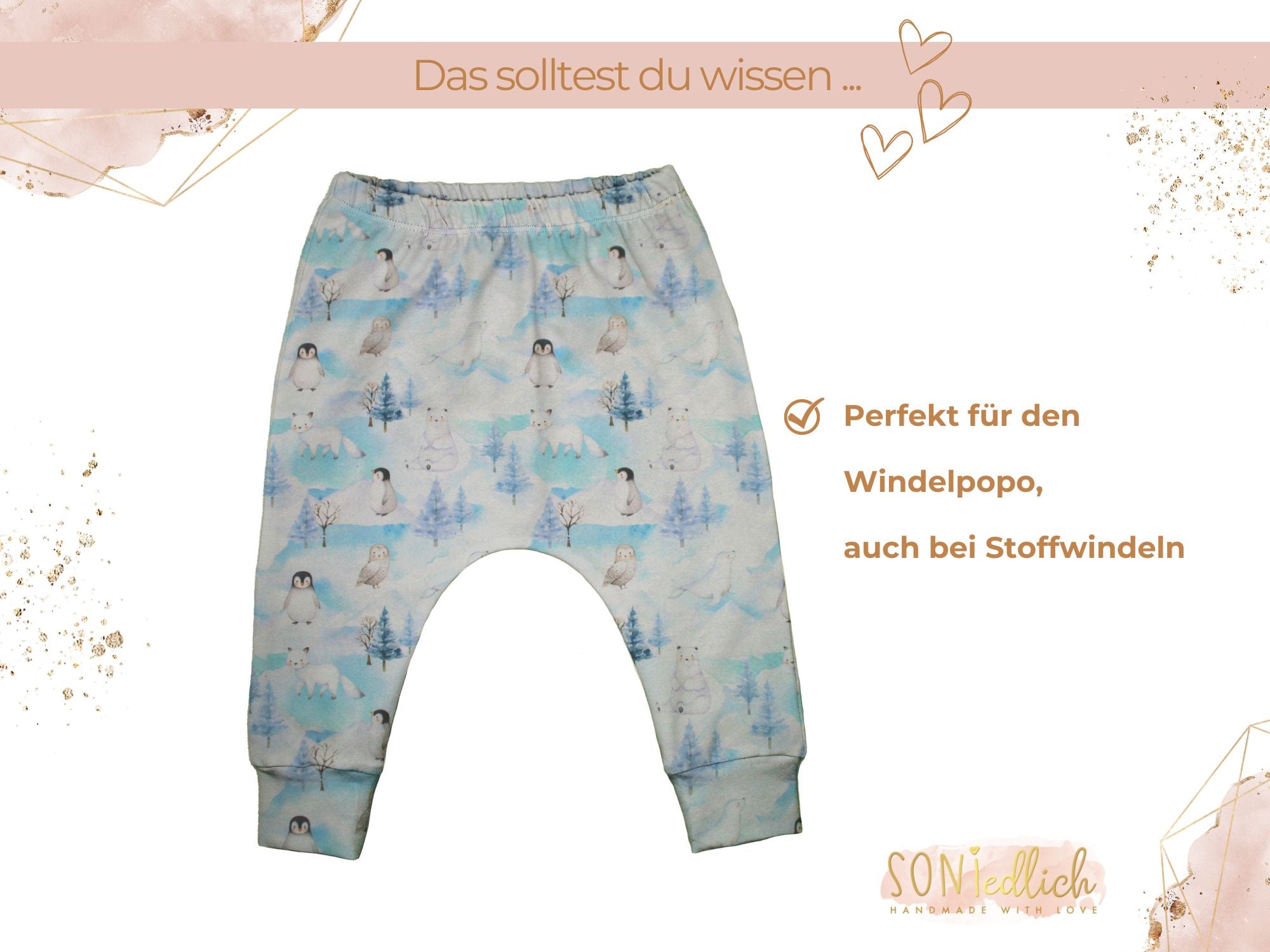Slim Harem Pants "Wintertiere" für Babys und Kinder. Die Kinderhose ist perfekt für Windelkinder, auch bei Stoffwindeln geeignet.