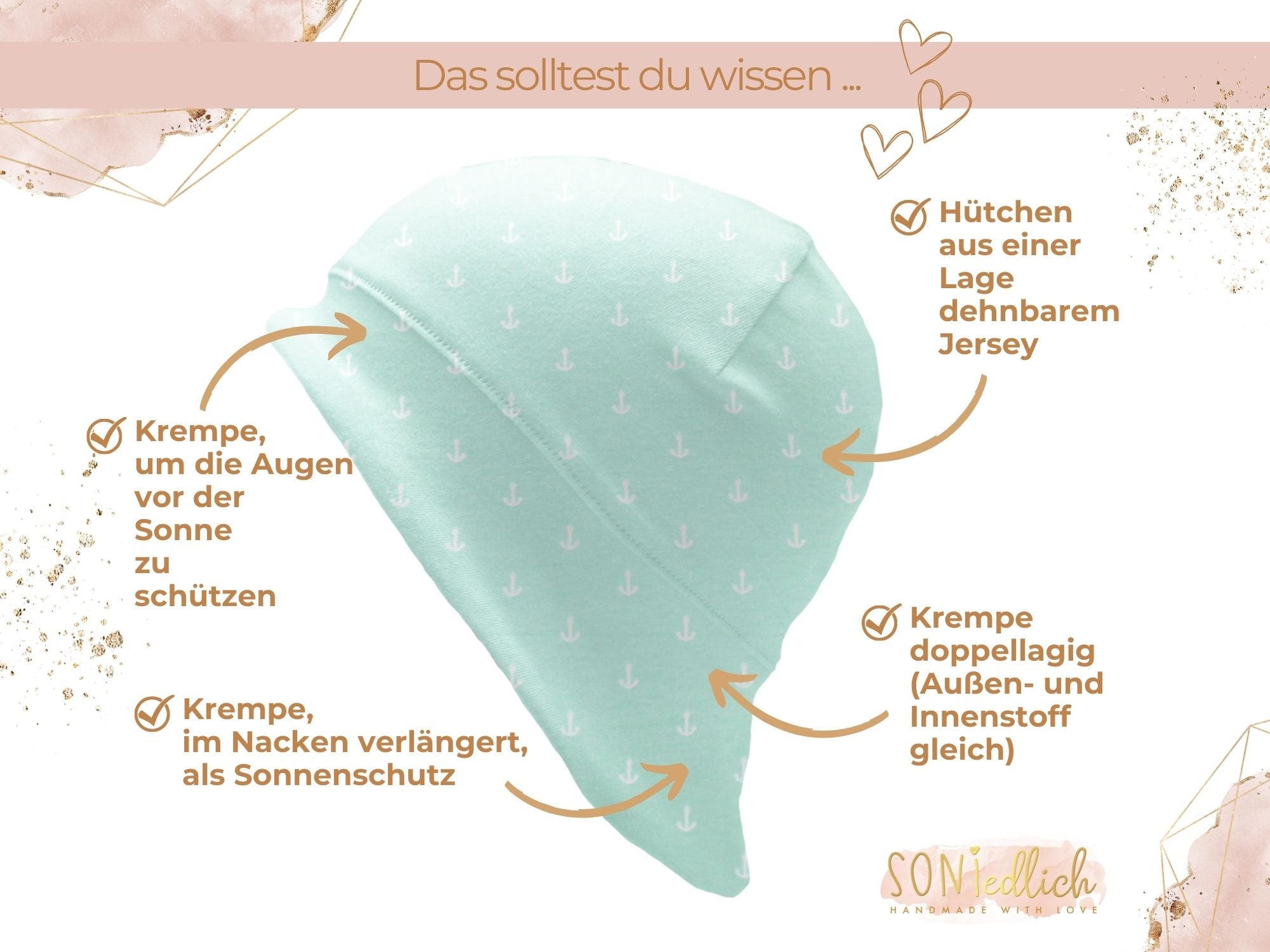 Sonnenhut für Babys und Kinder „Anker mint“ Details