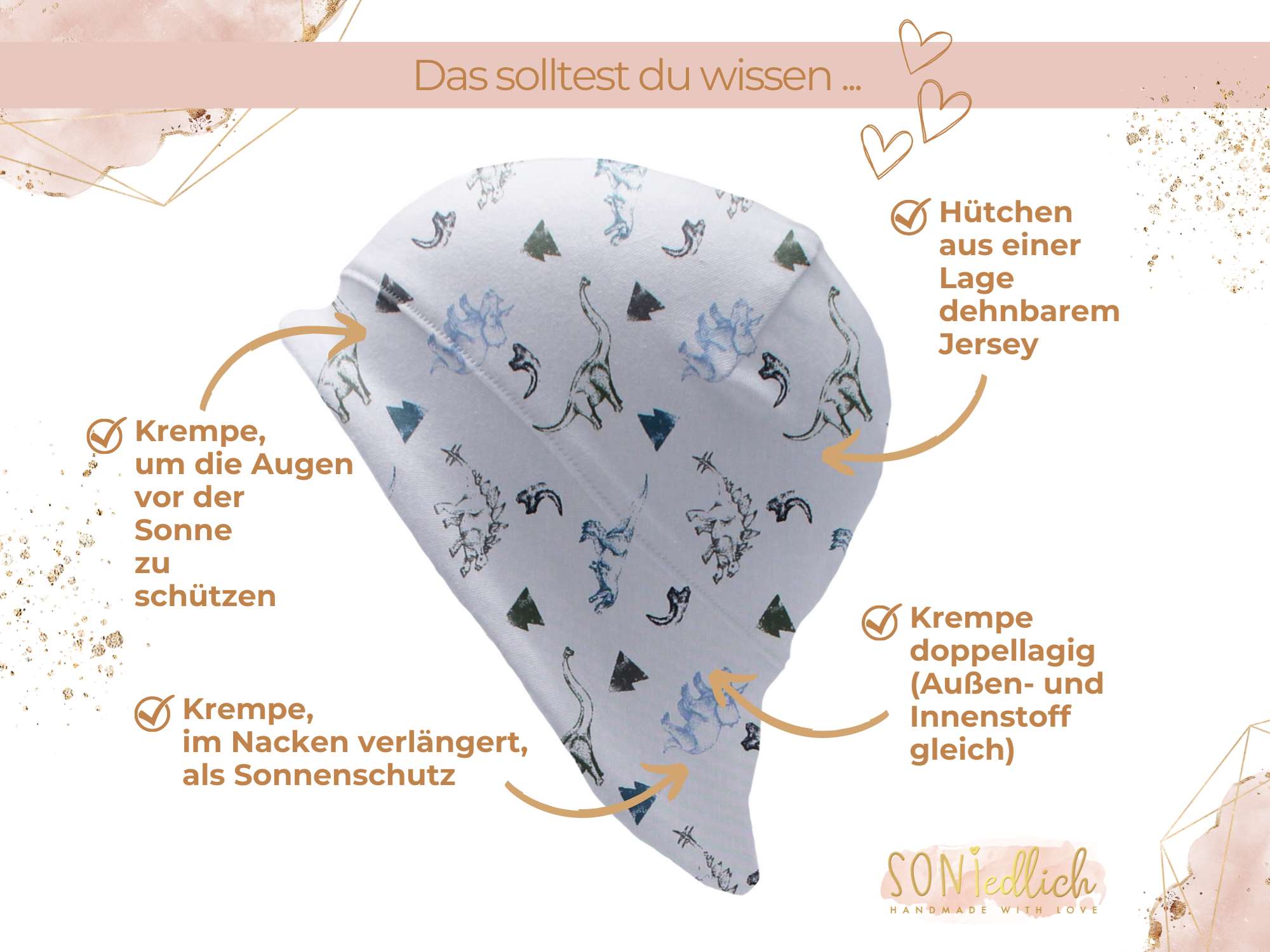 Sonnenhut für Babys und Kinder „Dinos hellgrau“ Details