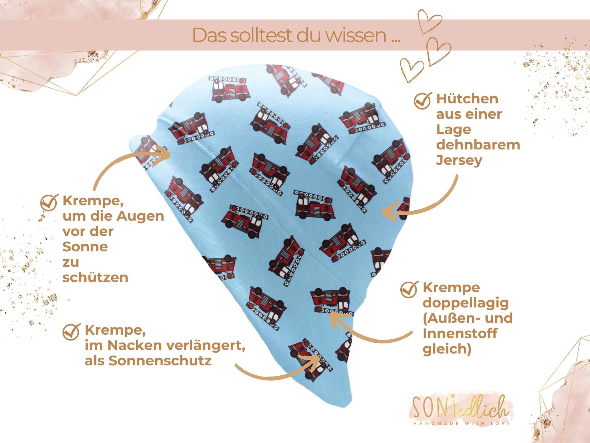 Sonnenhut für Babys und Kinder „Drehleiter hellblau“ Details