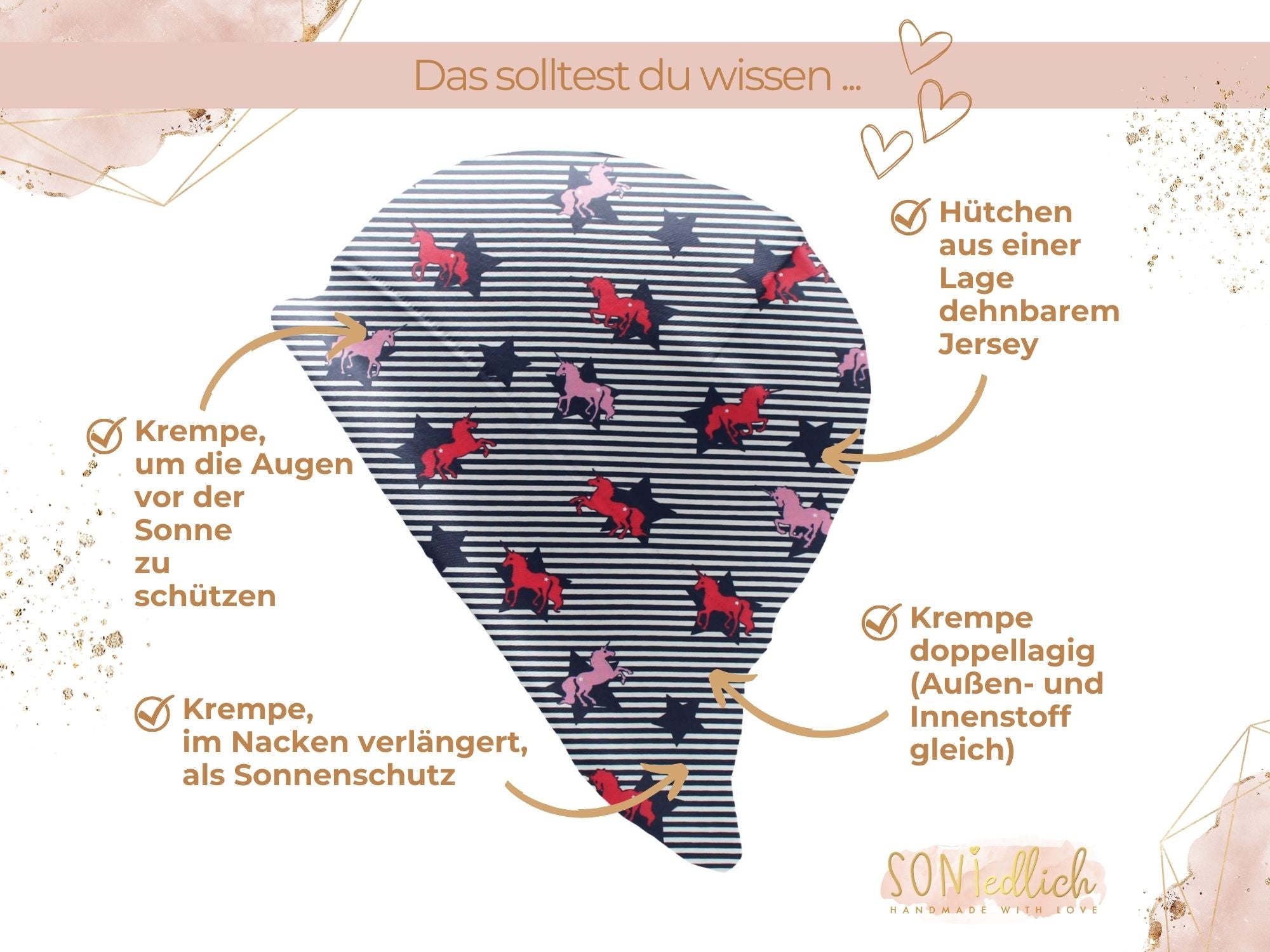 Sonnenhut für Babys und Kinder „Einhorn Streifen“ Details