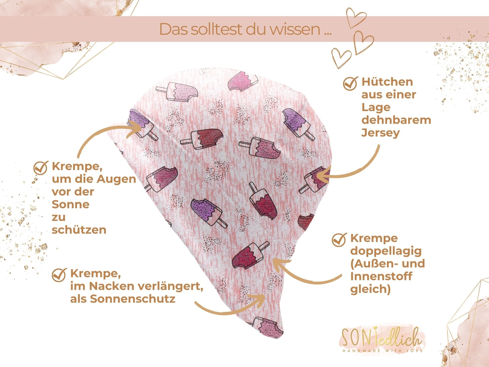 Sonnenhut für Babys und Kinder „Eis am Stiel glitzer“ Details