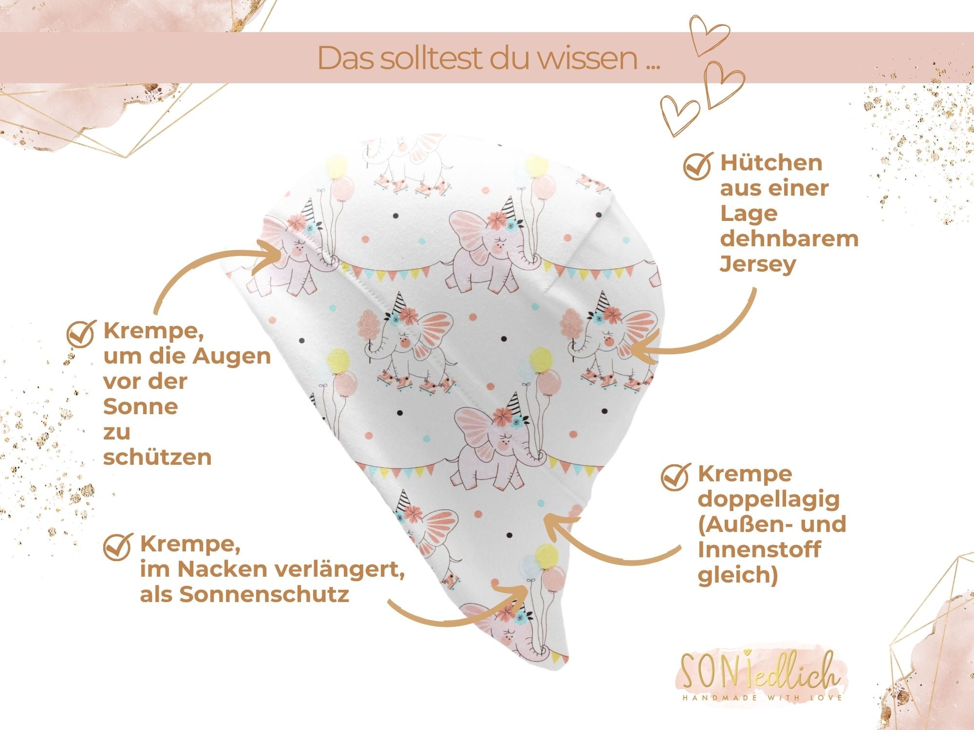 Sonnenhut für Babys und Kinder „Elefanten Geburtstag“ Details