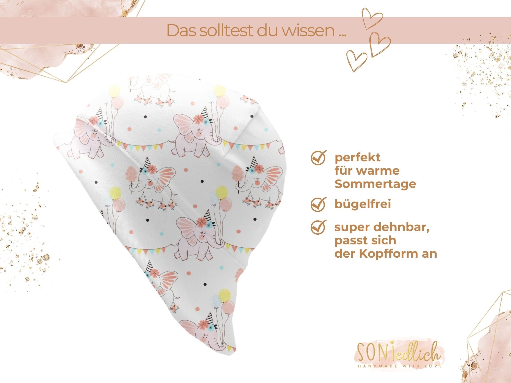 Sonnenhut für Babys und Kinder „Elefanten Geburtstag“ Beschreibung