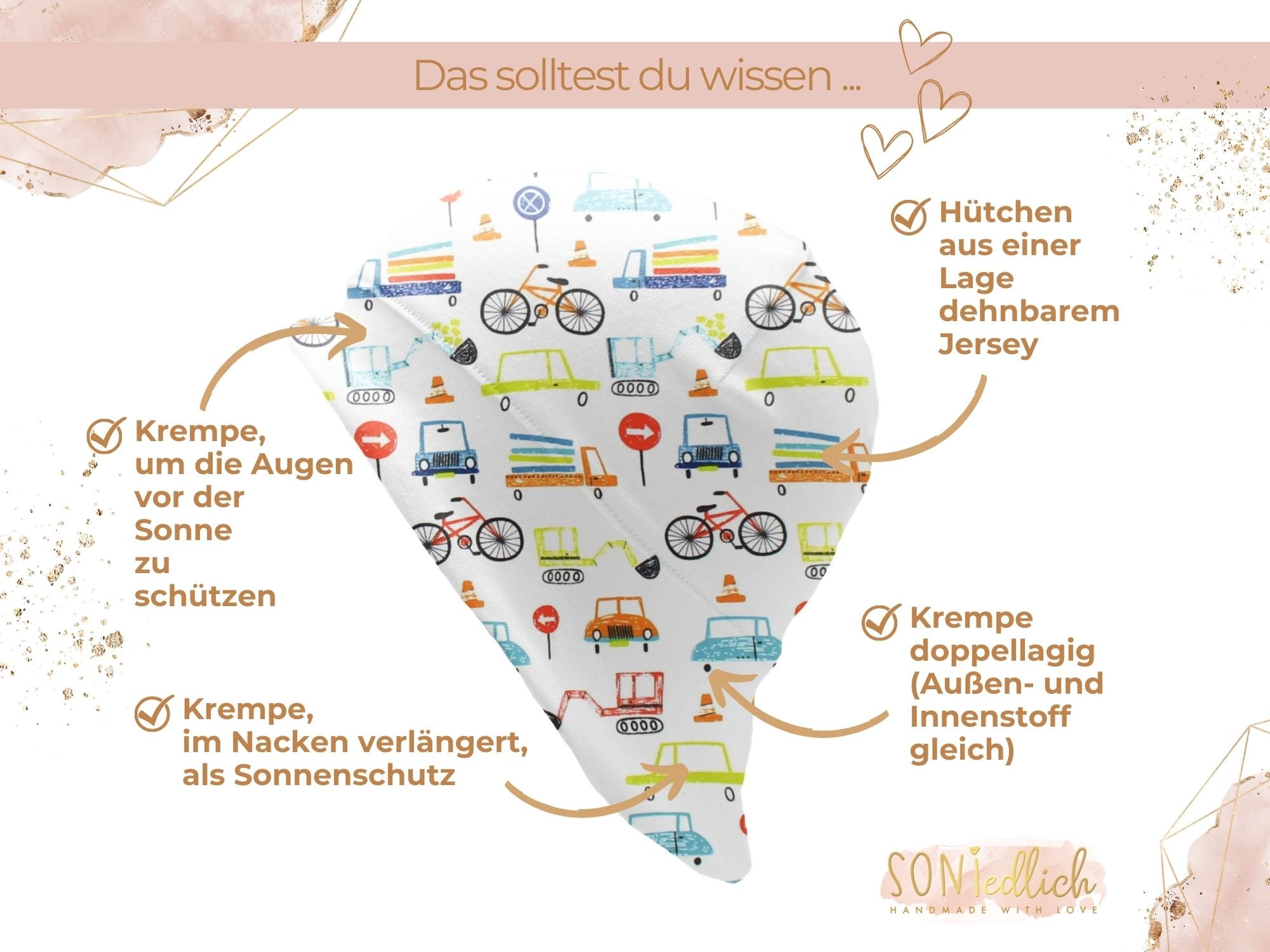 Sonnenhut für Babys und Kinder „Fahrzeuge weiß" Details