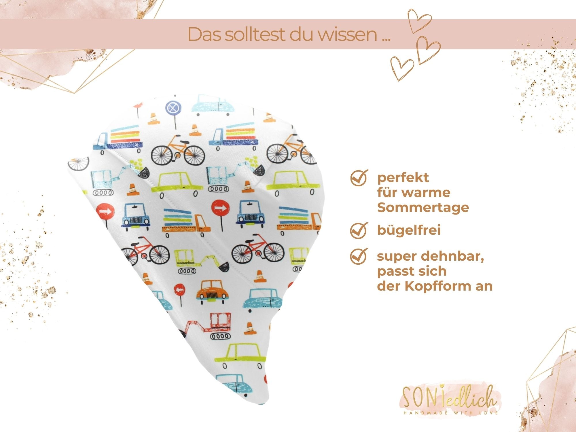 Sonnenhut für Babys und Kinder „Fahrzeuge weiß" Beschreibung