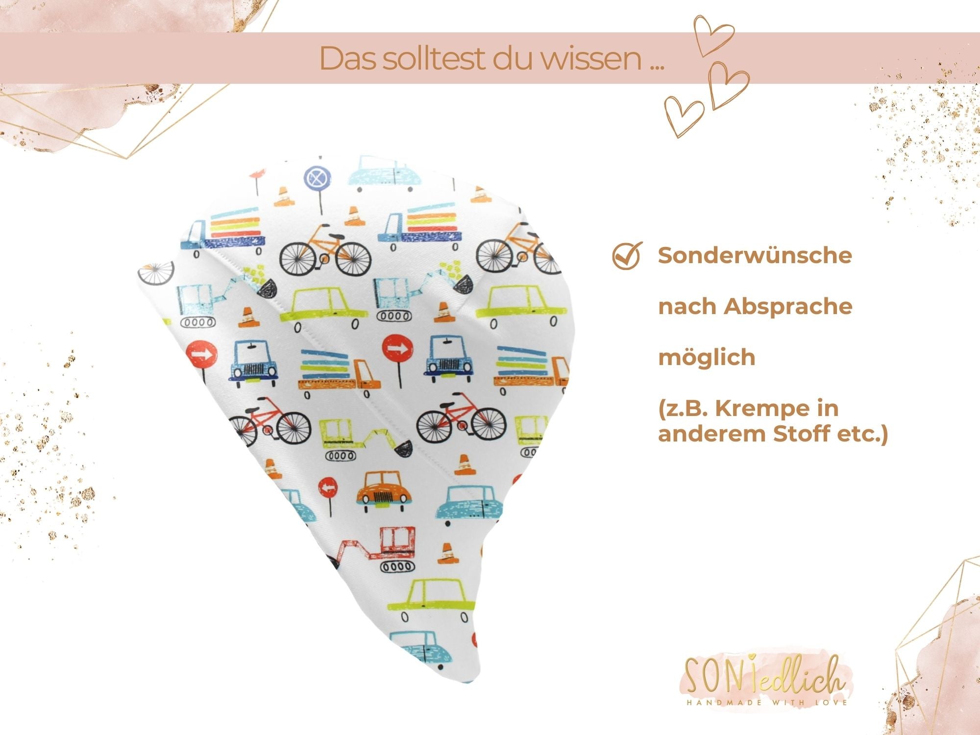 Sonnenhut für Babys und Kinder „Fahrzeuge weiß" Sonderwünsche