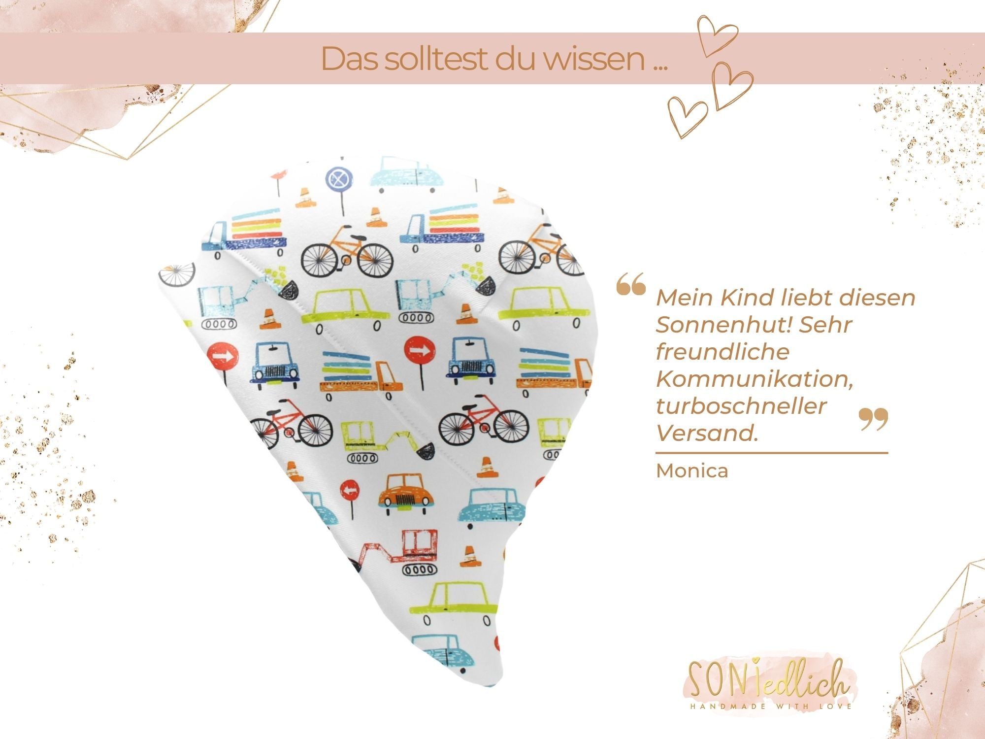 Sonnenhut für Babys und Kinder „Fahrzeuge weiß