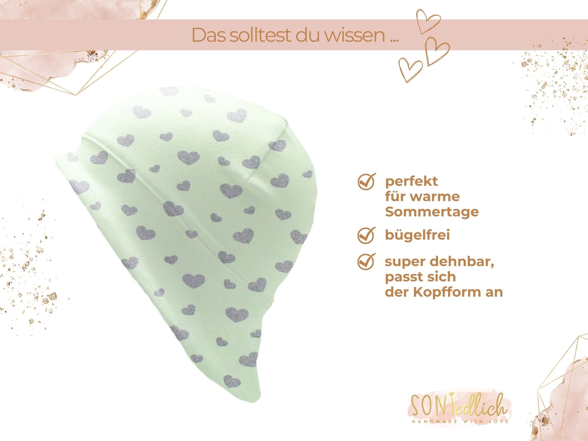 Sonnenhut für Babys und Kinder „Glitzerherzen, mint“ Beschreibung
