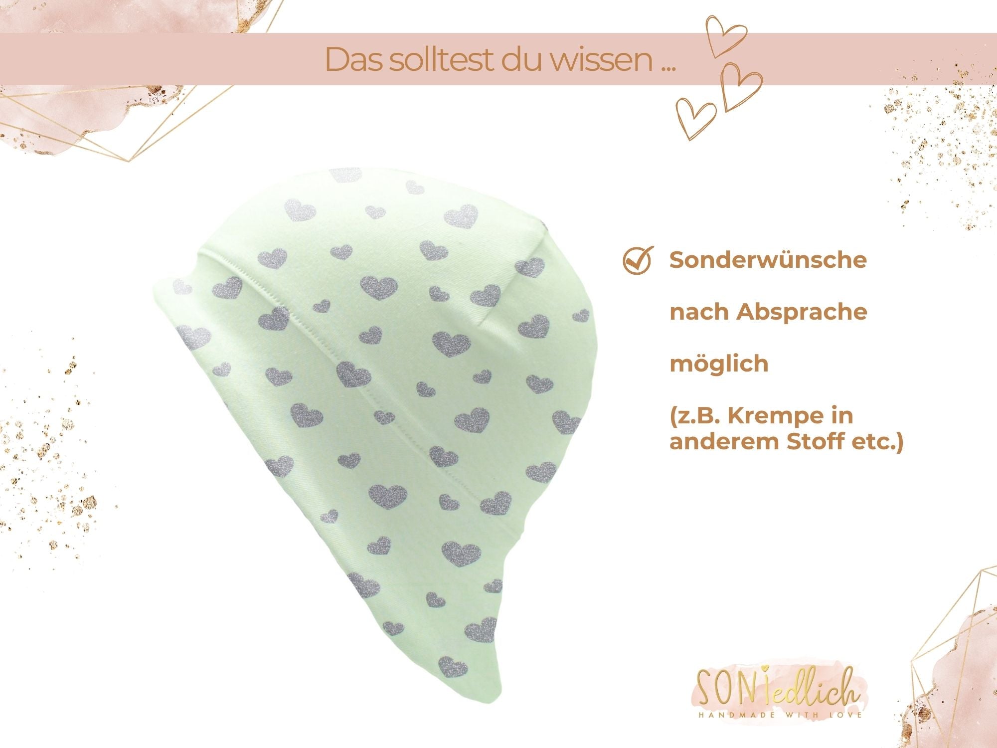 Sonnenhut für Babys und Kinder „Glitzerherzen, mint“ Sonderwünsche