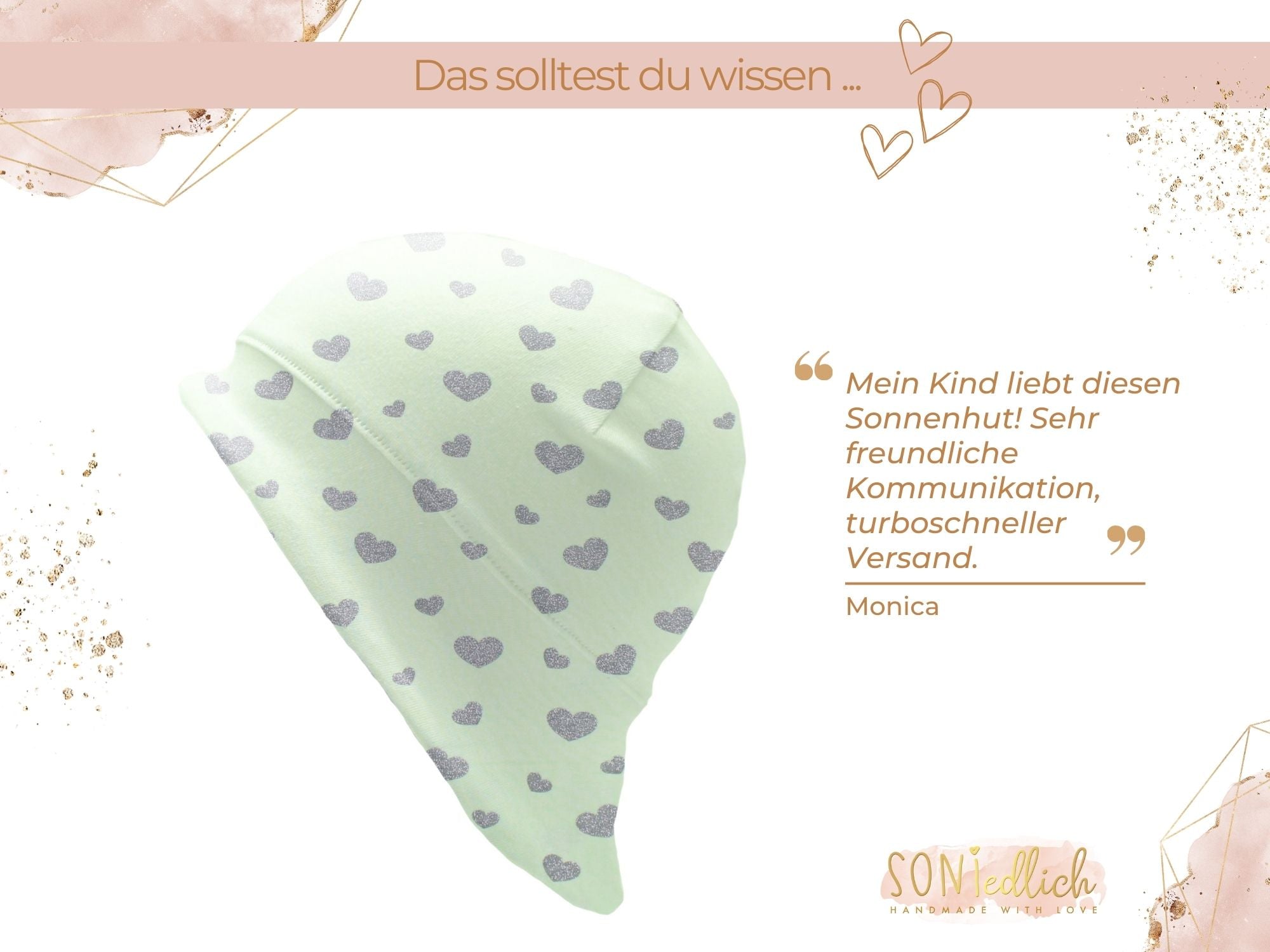 Sonnenhut für Babys und Kinder „Glitzerherzen, mint“ Bewertung
