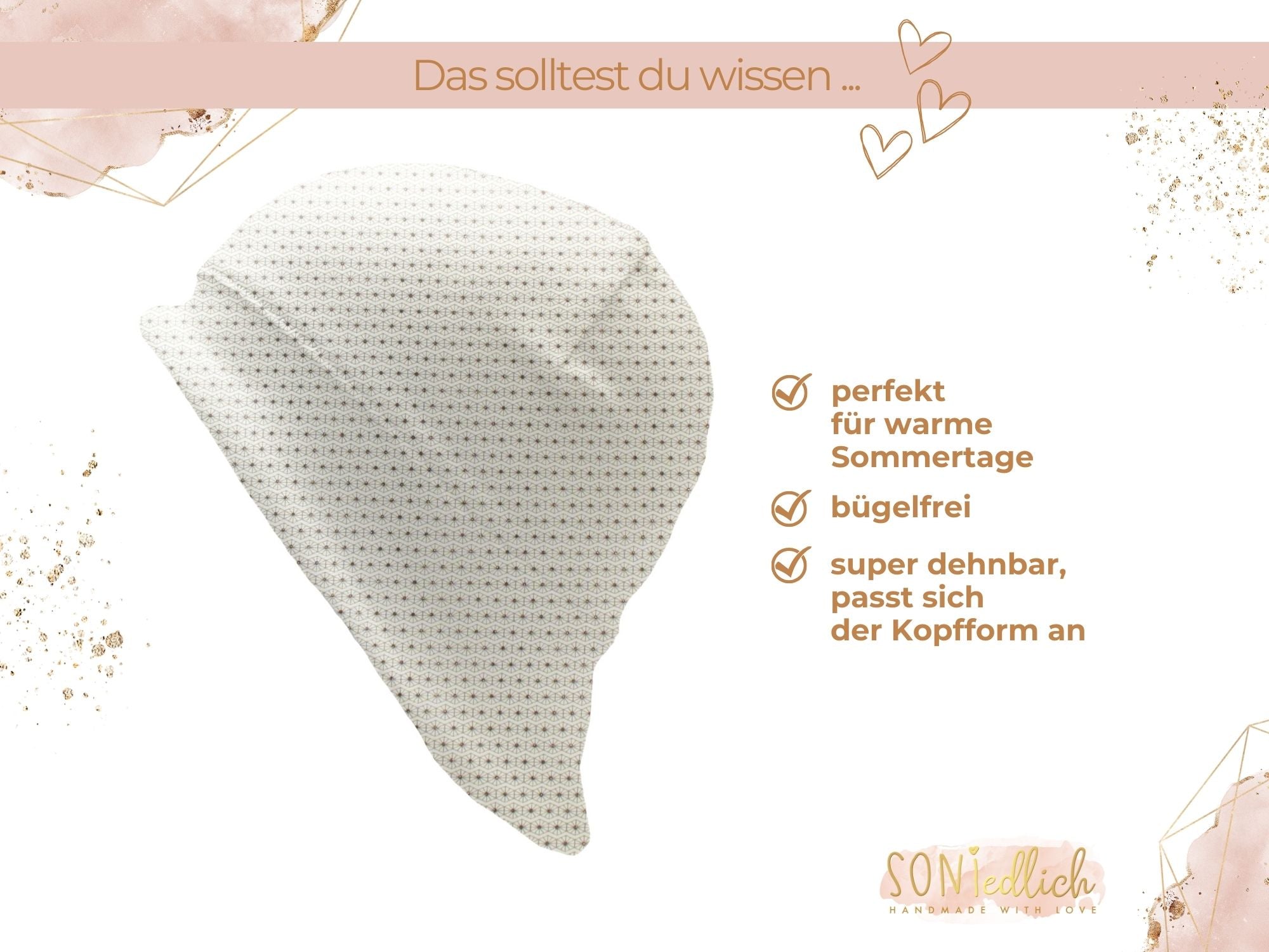 Sonnenhut für Babys und Kinder „golden geometrics“, perfekt für warme Sommertage, bügelfrei, passt sich er Kopfform an, da sehr dehnbar.