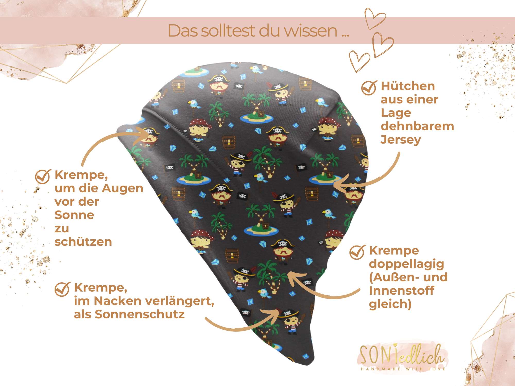 Sonnenhut für Babys und Kinder „Inselpiraten dunkelbraun“ Details