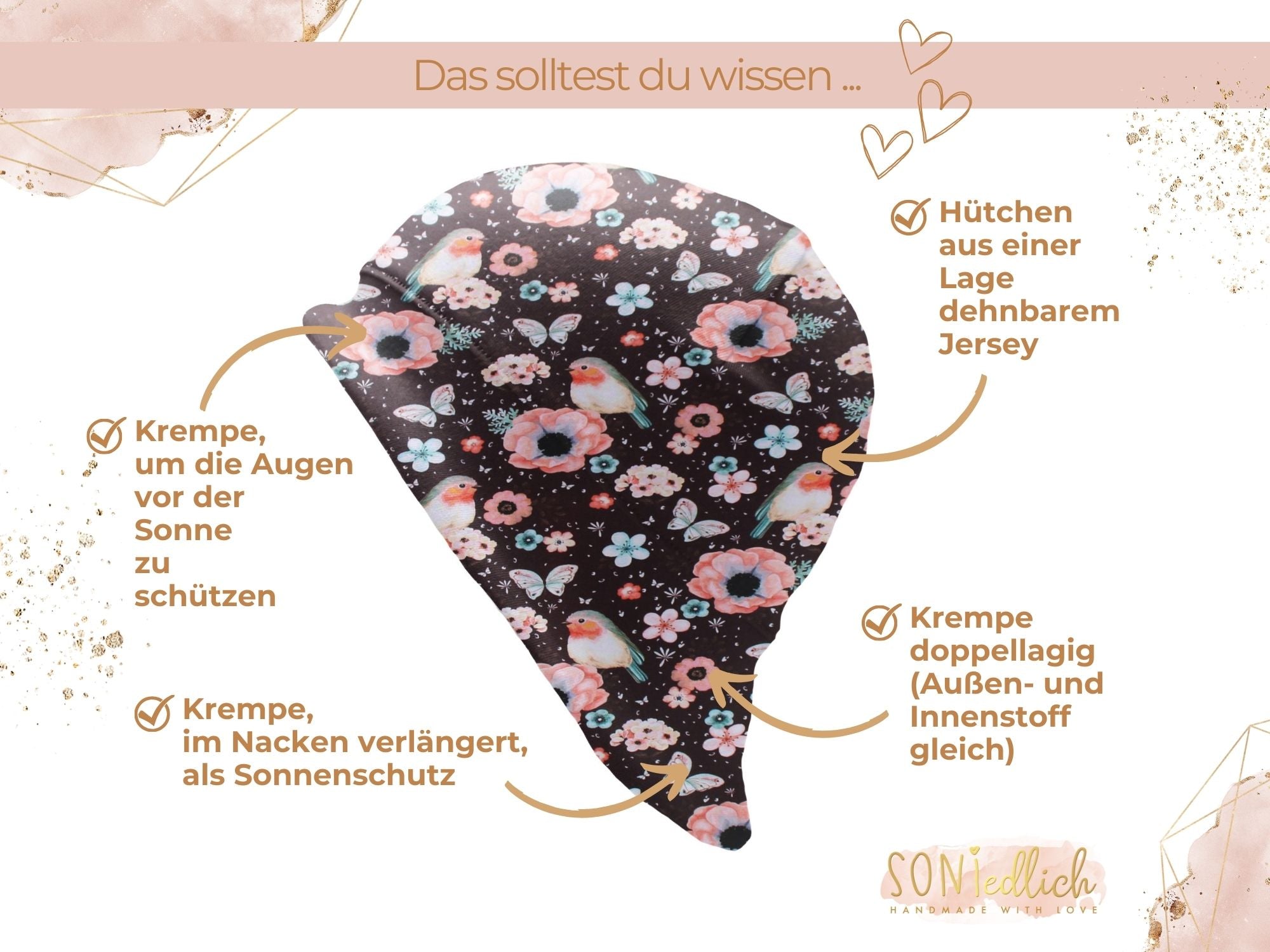 Sonnenhut für Babys und Kinder „little birds, cherry“ Details