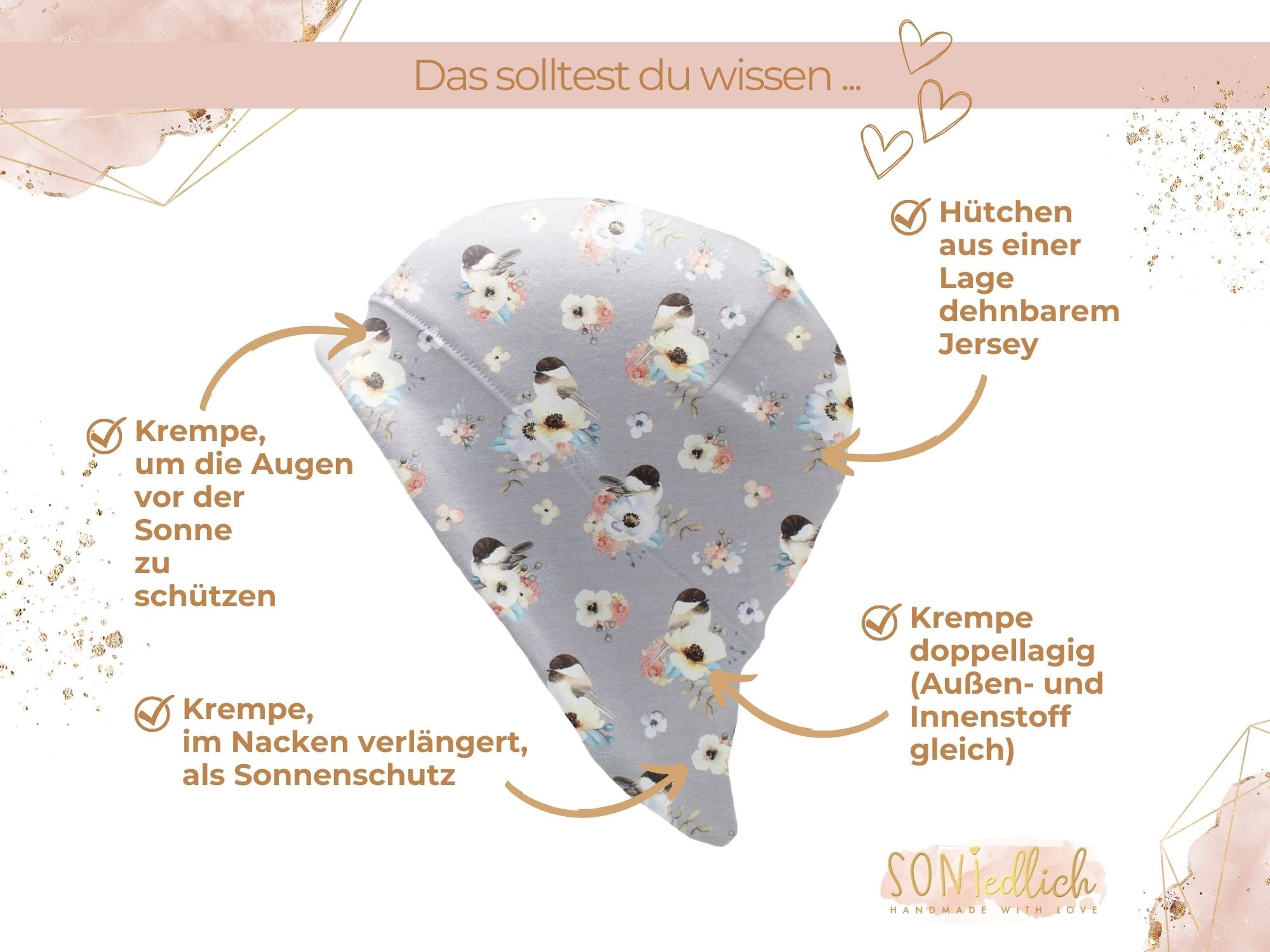 Sonnenhut für Babys und Kinder „little birds, grau“ Details