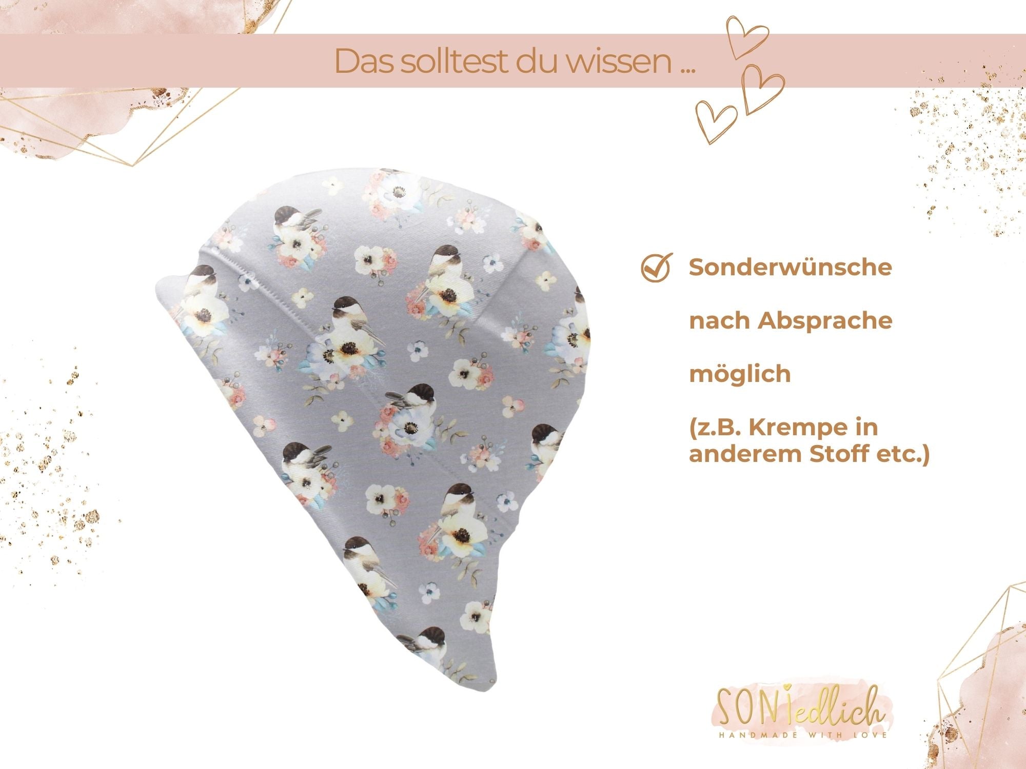 Sonnenhut für Babys und Kinder „little birds, grau“ Sonderwünsche