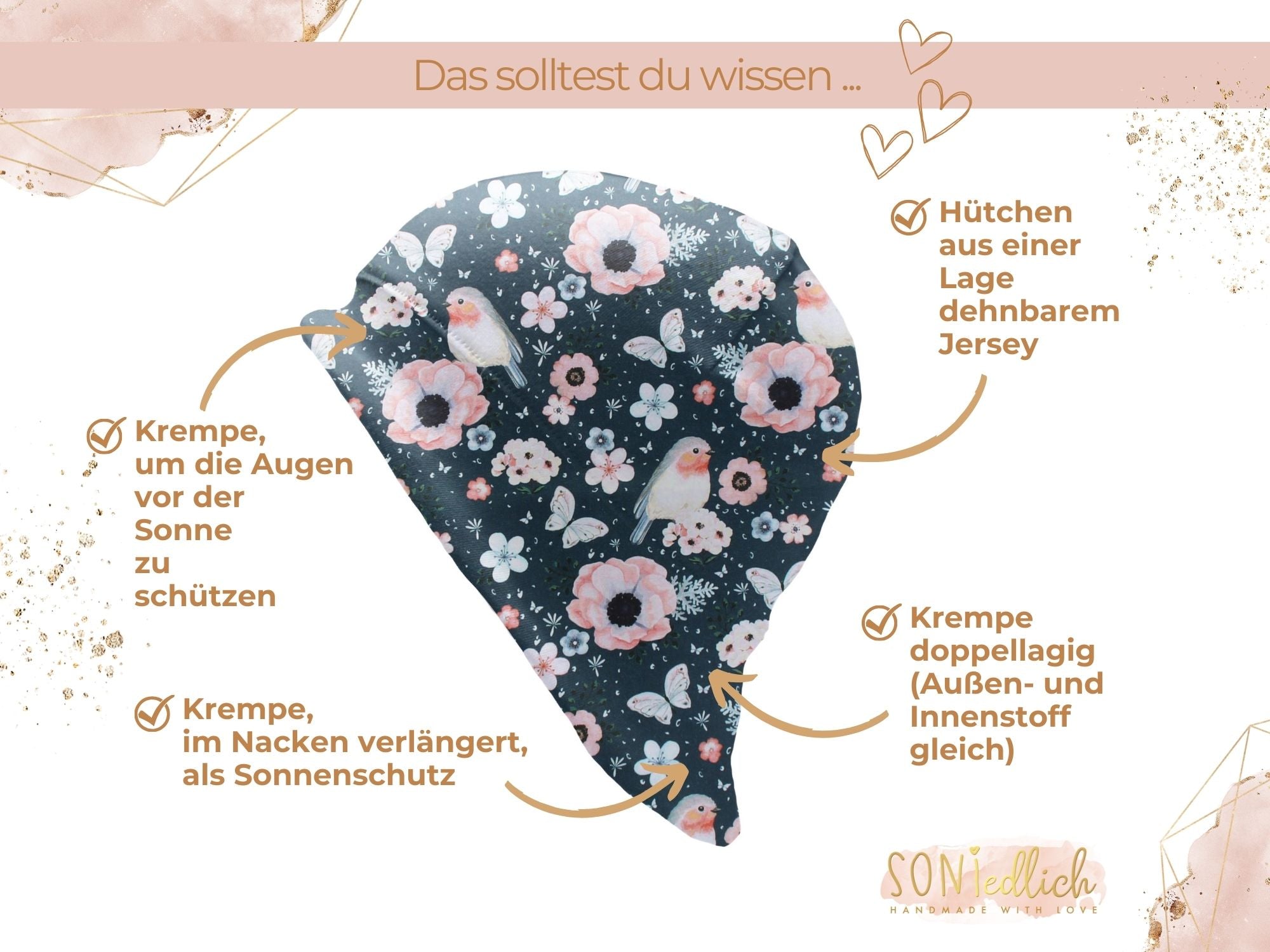 Sonnenhut für Babys und Kinder „little birds, petrol“ Details