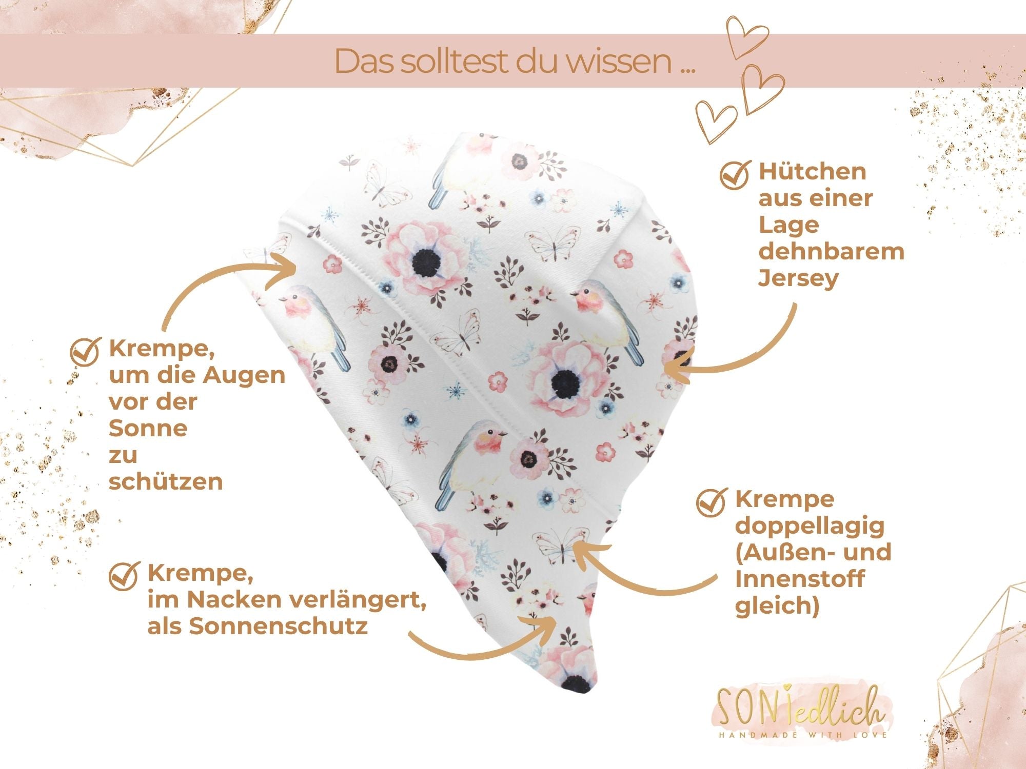 Sonnenhut für Babys und Kinder „little birds, weiß“ Details